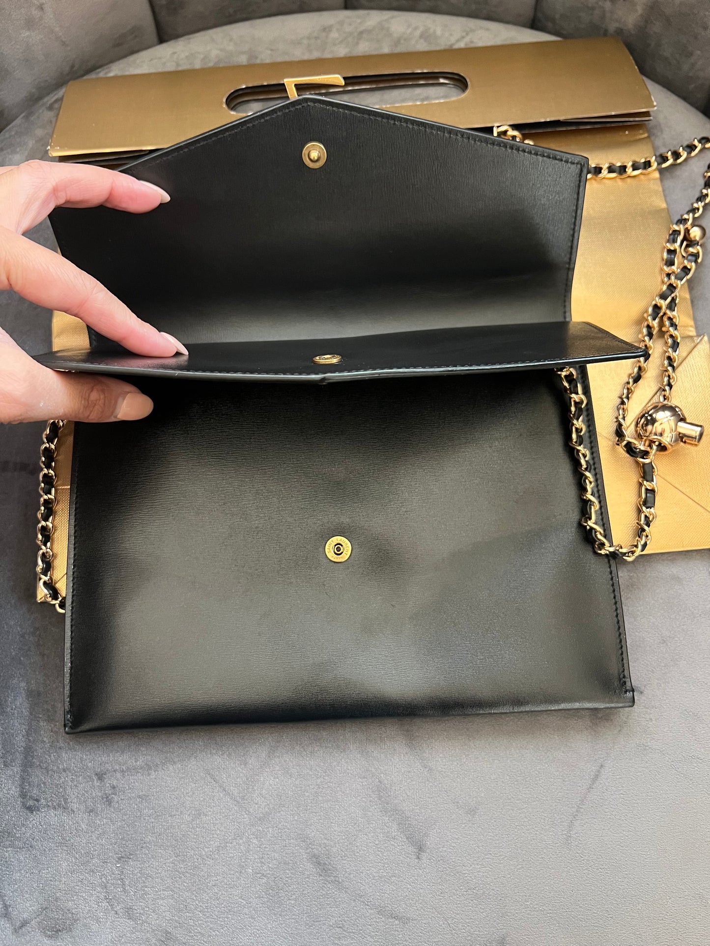 SAINT LAURENT Monogram Sulpice Double Flap clutch on chain