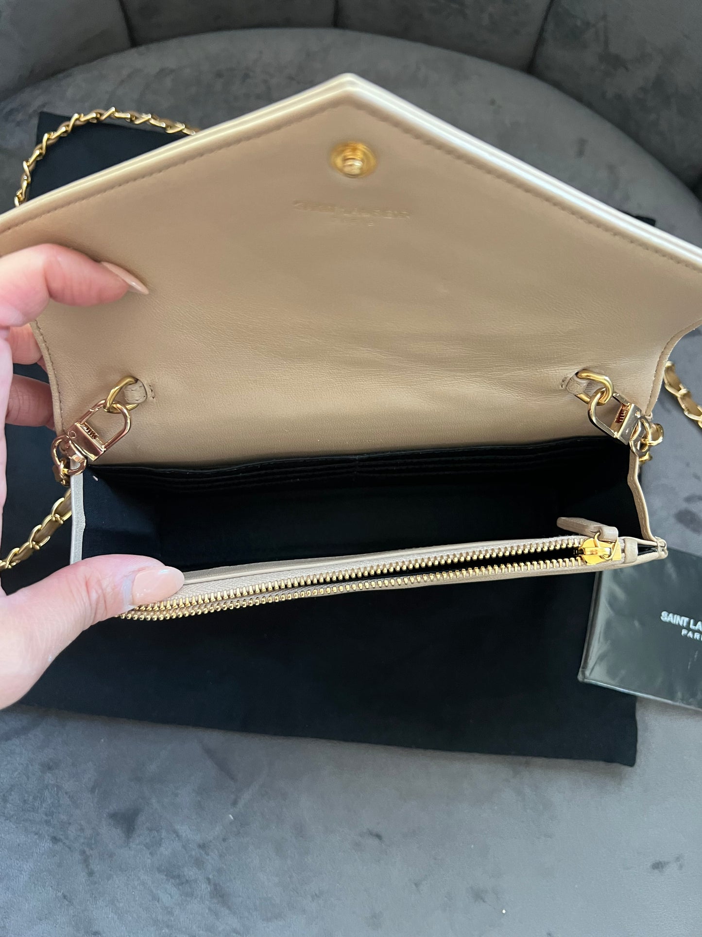 Yves Saint Laurent Cassandre beige envelope flap crossbody bag