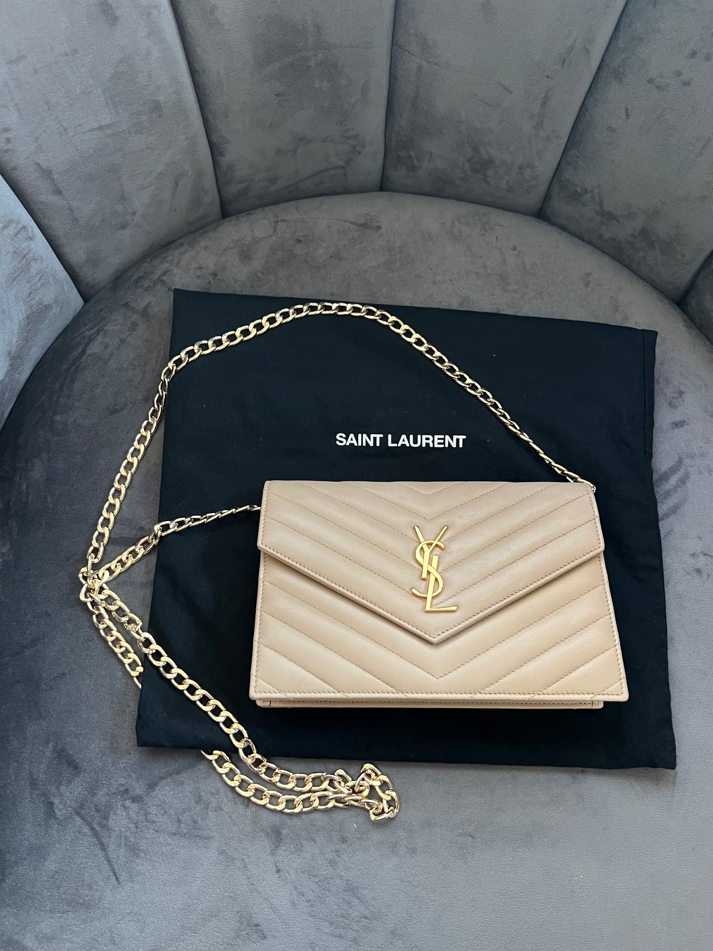 Yves Saint Laurent Cassandre beige envelope flap crossbody bag