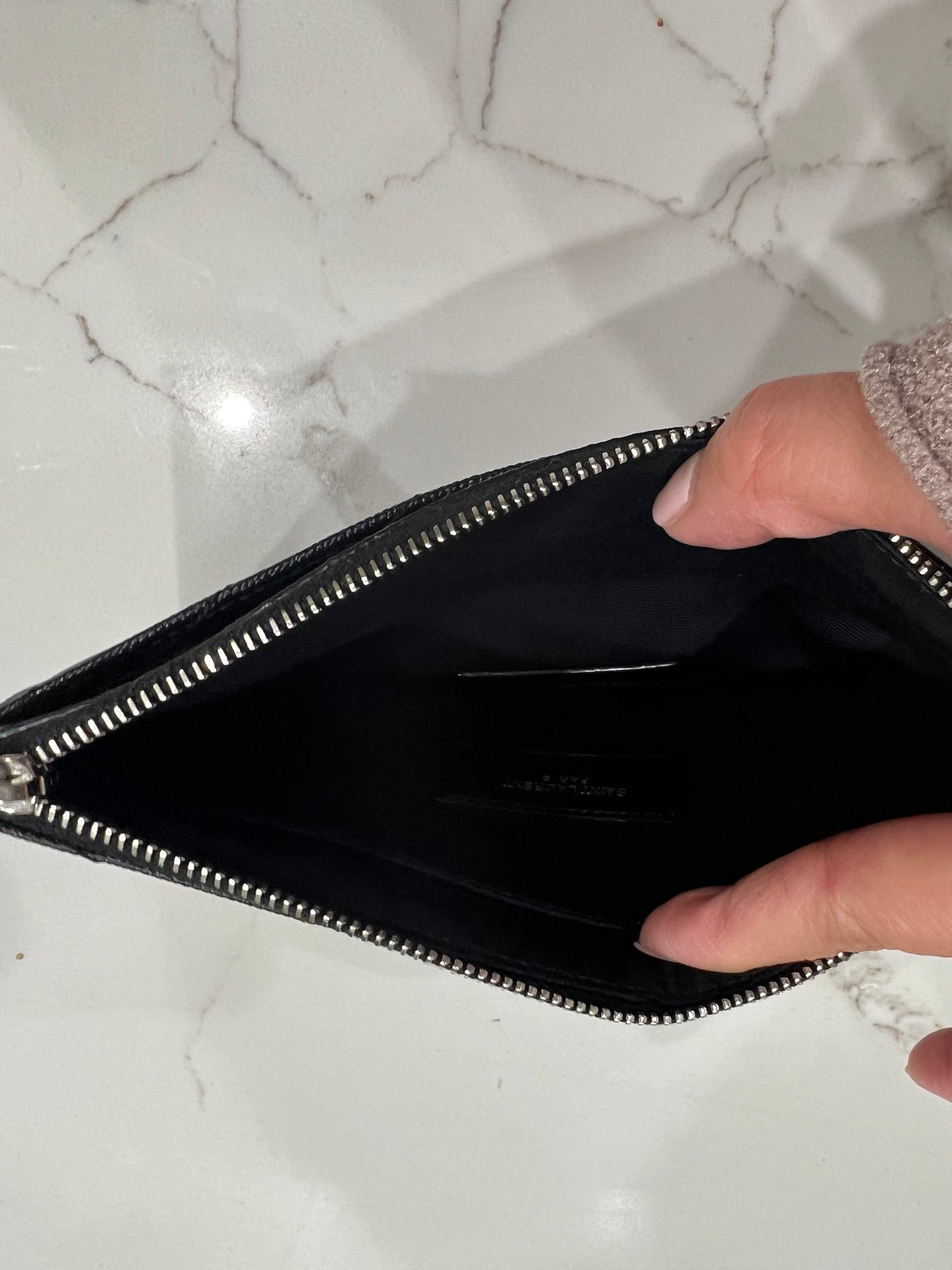 Black YSL monogram clutch wallet on chain