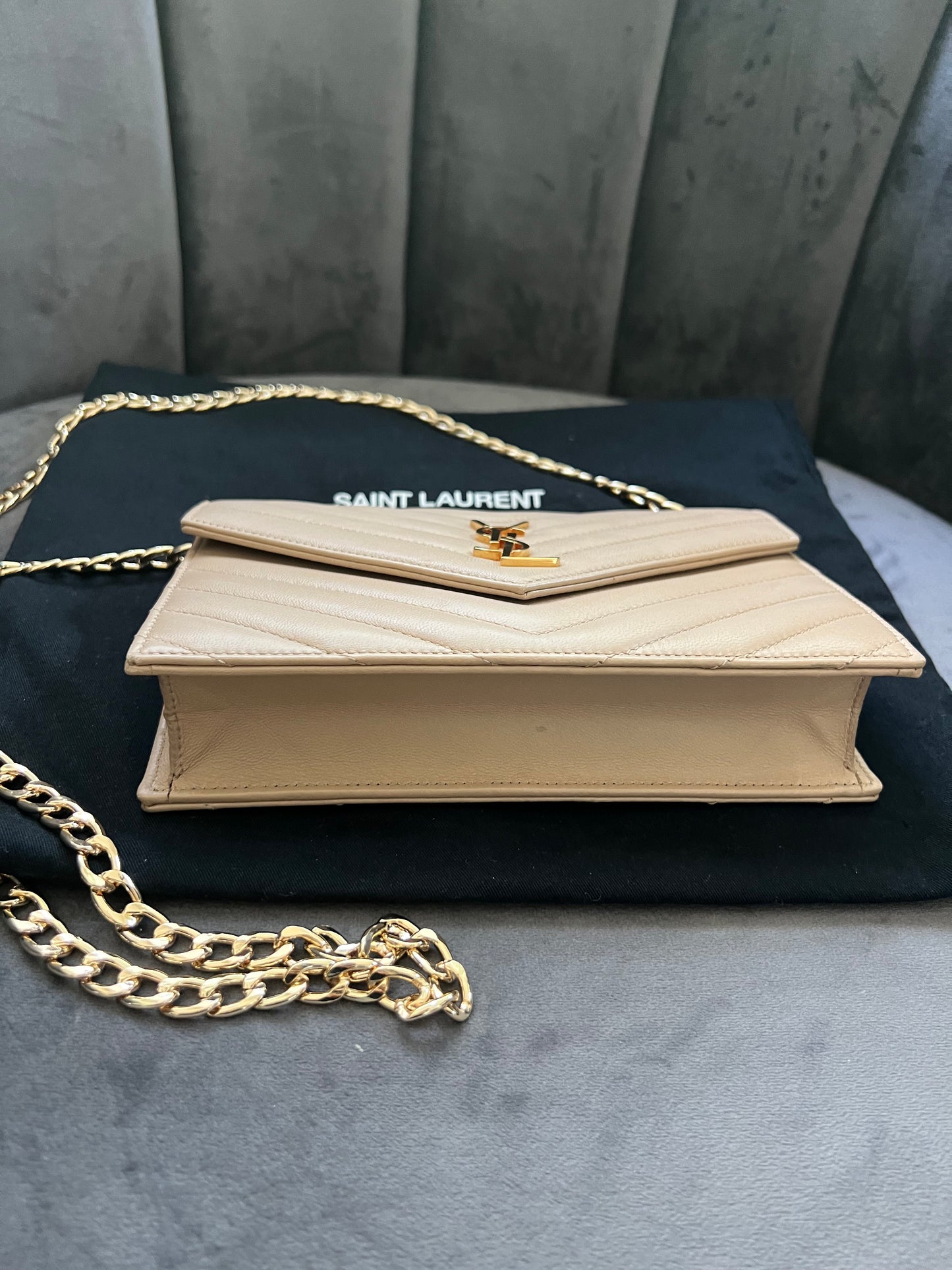 Yves Saint Laurent Cassandre beige envelope flap crossbody bag