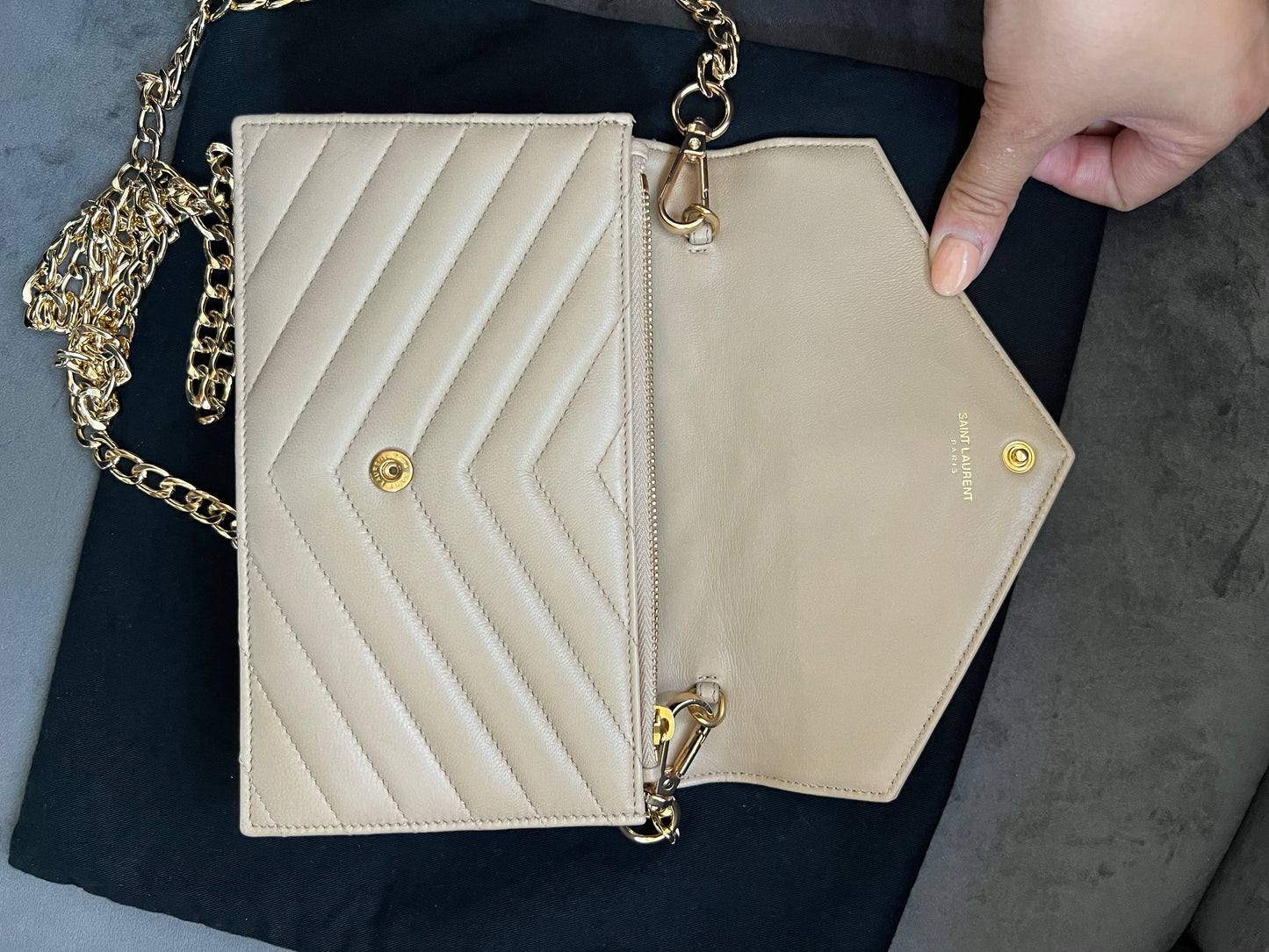 Yves Saint Laurent Cassandre beige envelope flap crossbody bag