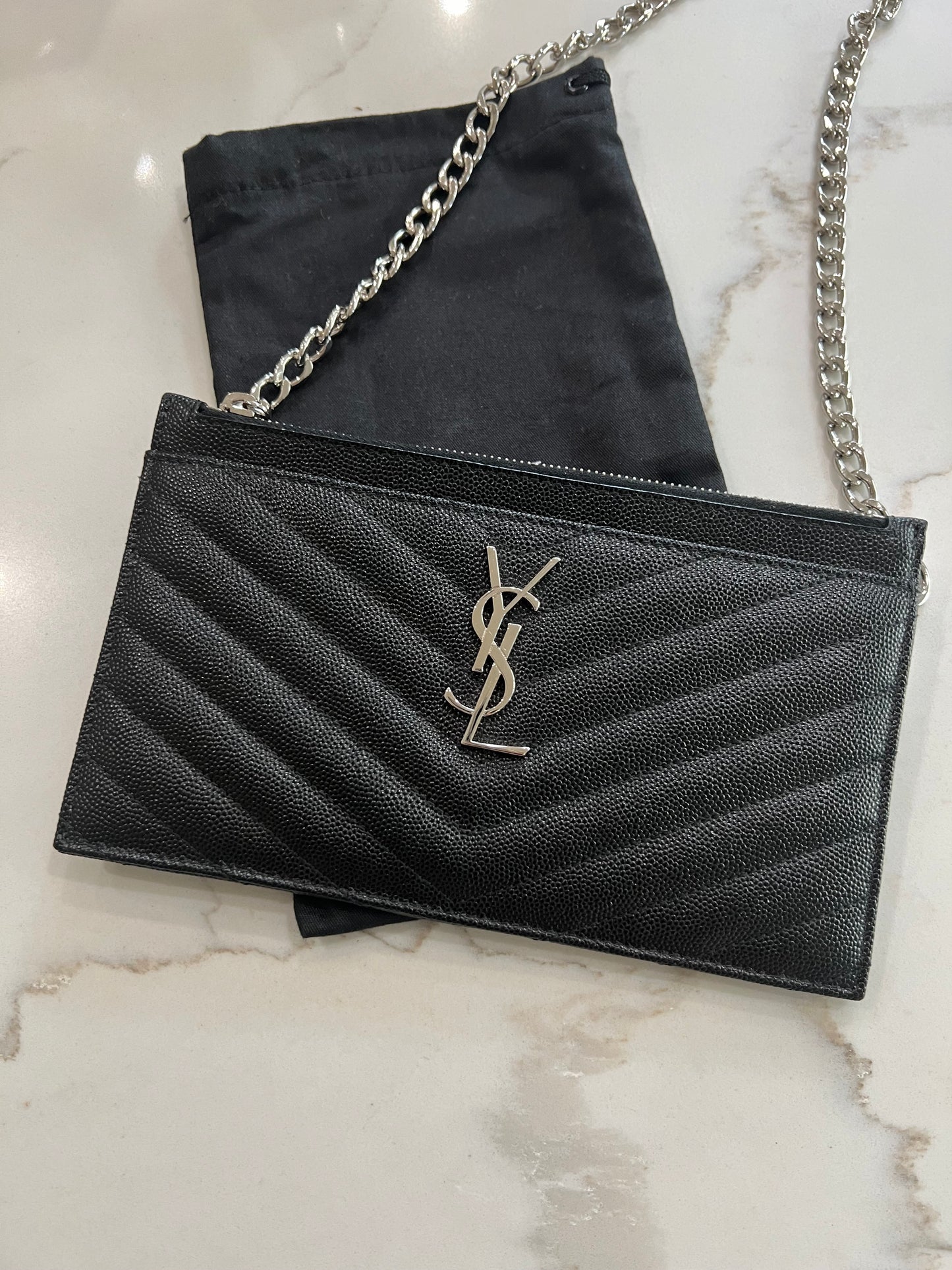 Black YSL monogram clutch wallet on chain