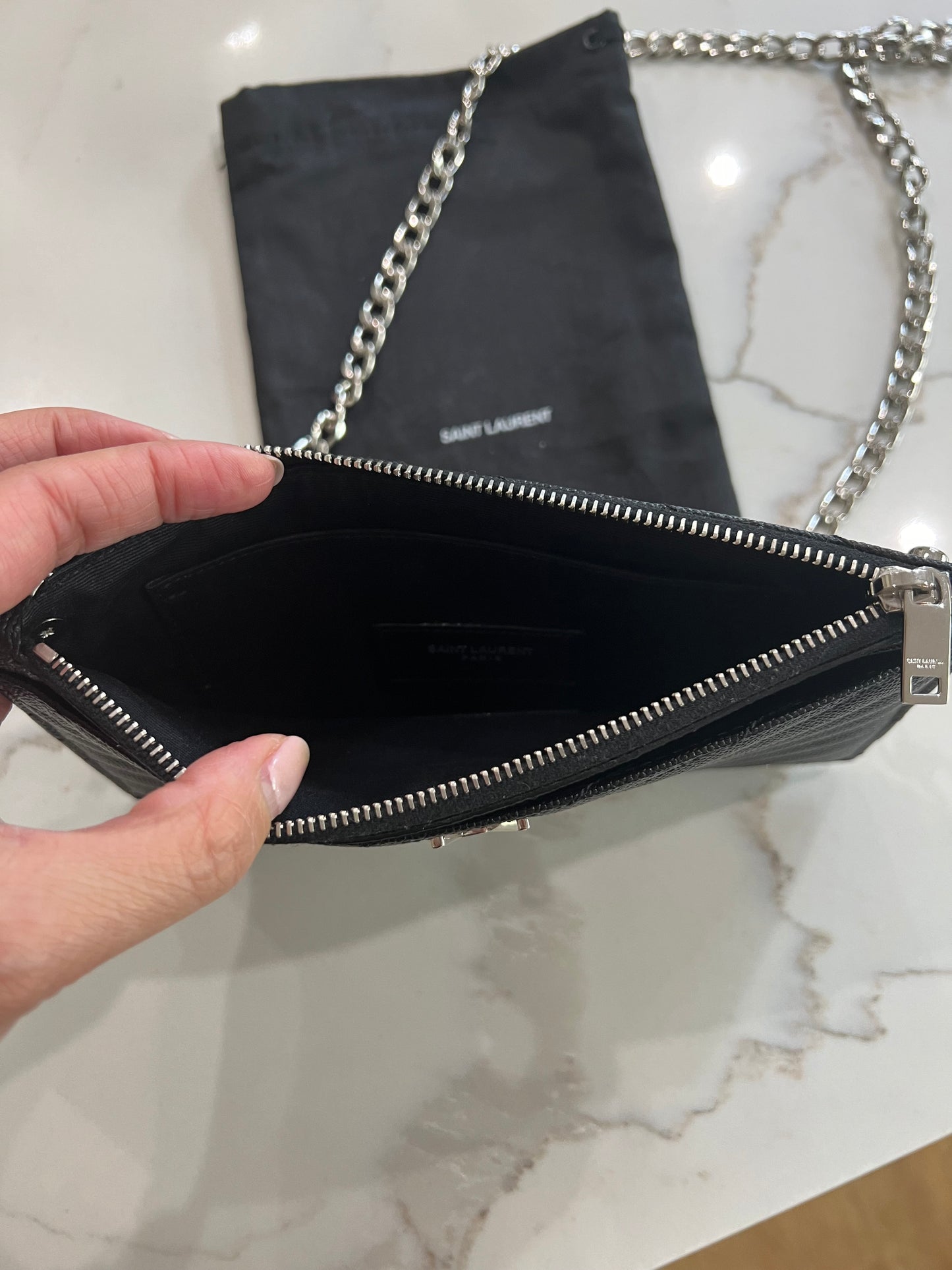 Black YSL monogram clutch wallet on chain