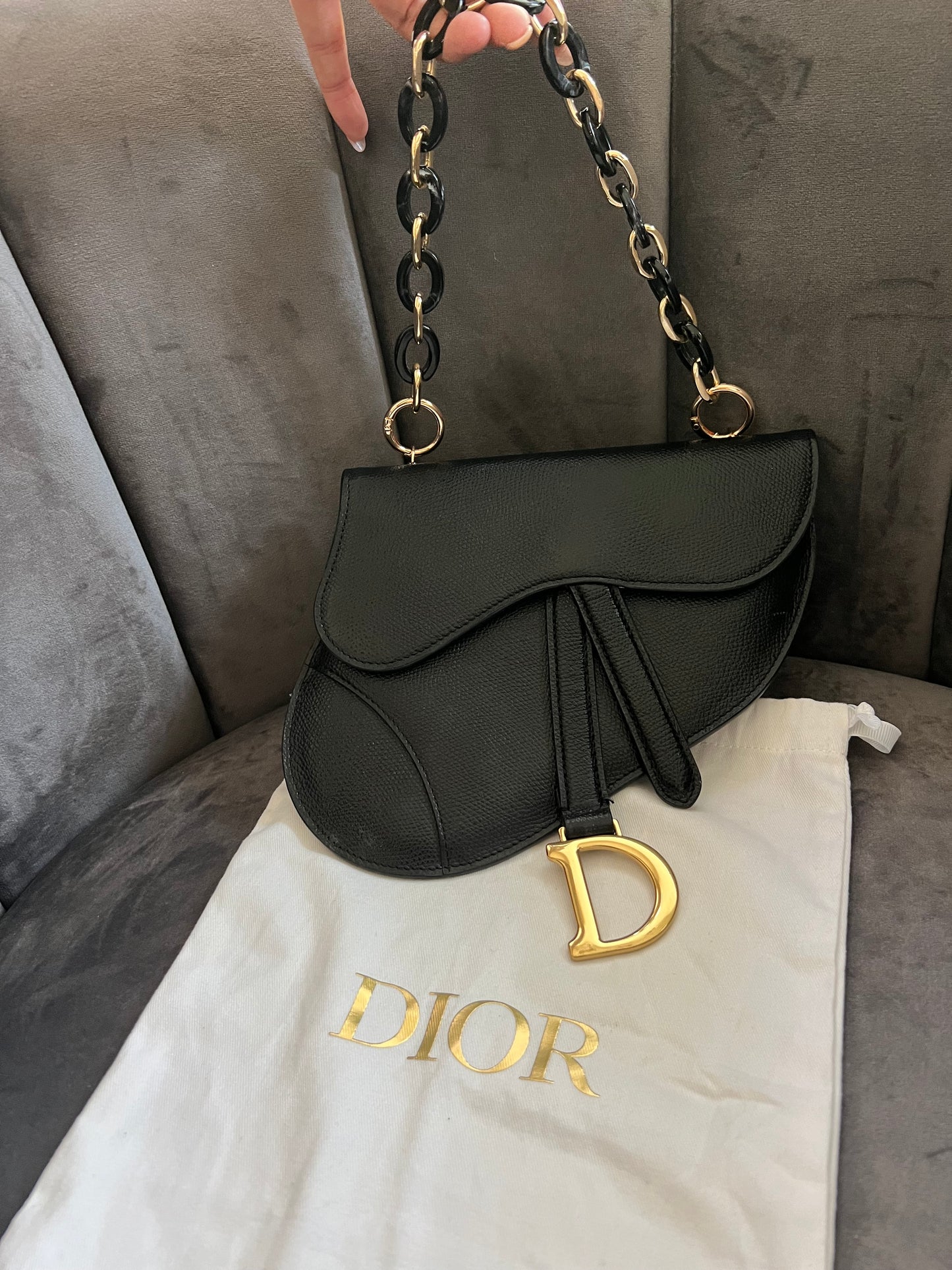 Christian Dior saddle belt & shoulder bag black grained