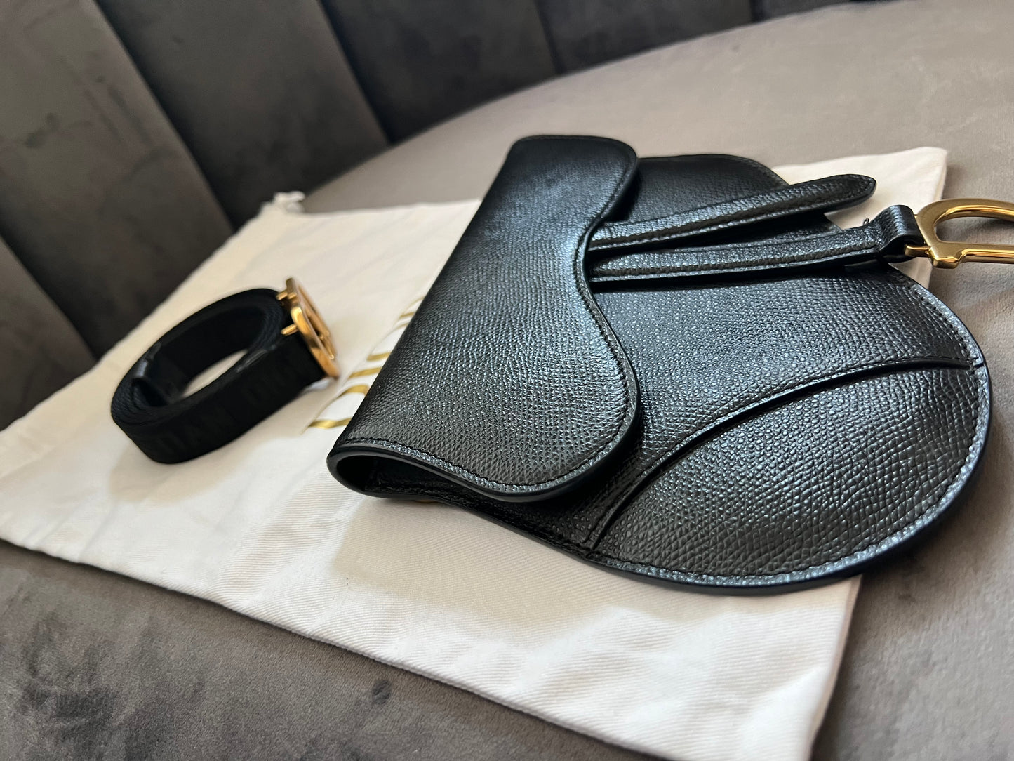 Christian Dior saddle belt & shoulder bag black grained