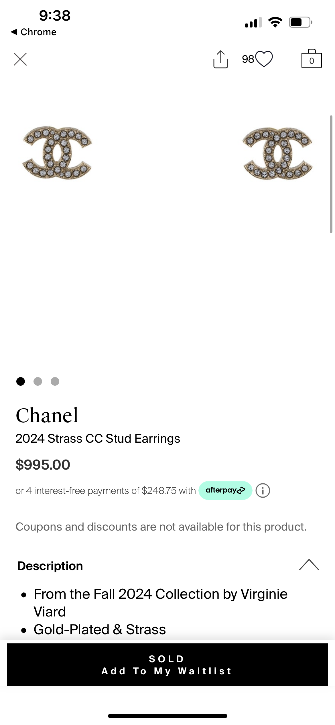 2024 Chanel Gold & Strass CC Earrings with Crystal Accents