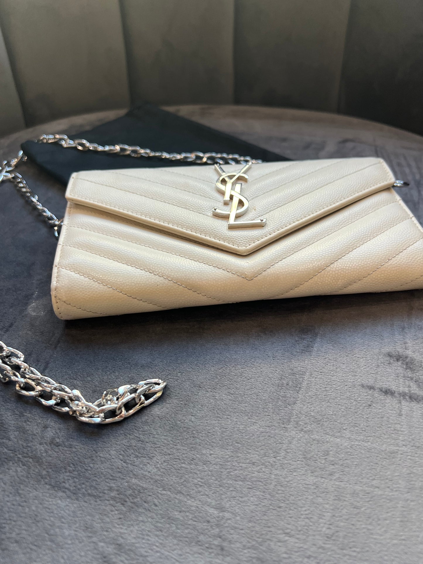 YSL Cassandre cream wallet on chain