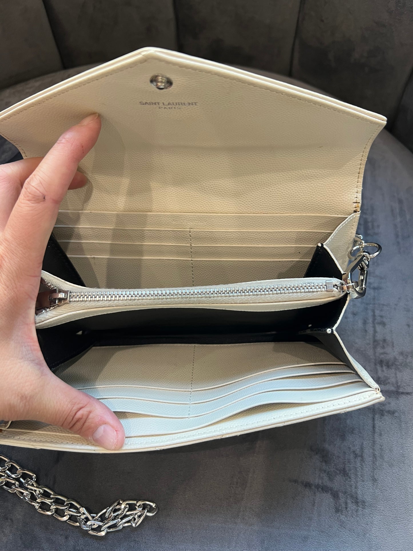 YSL Cassandre cream wallet on chain