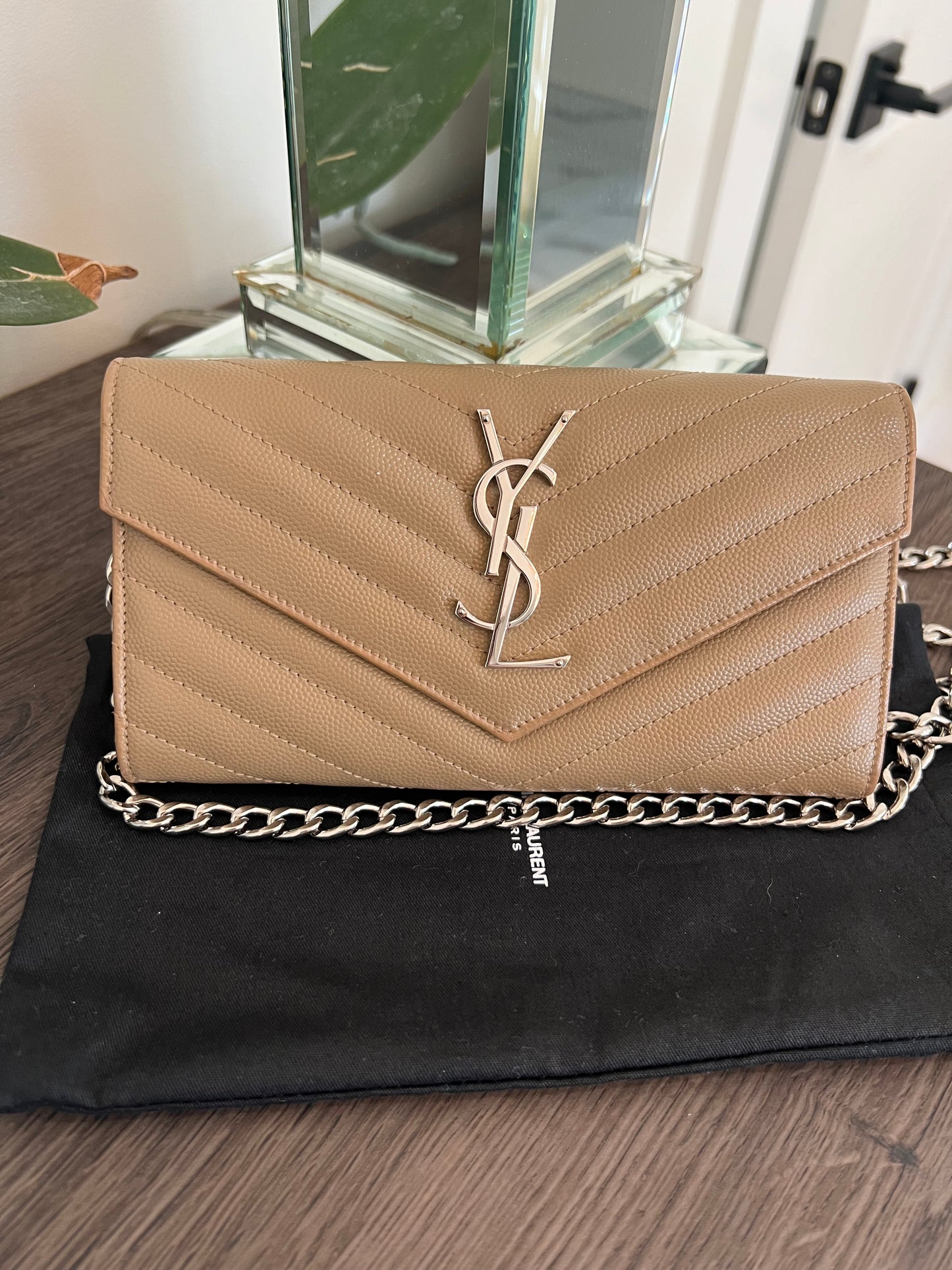 Beige YSL cassandre wallet on chain