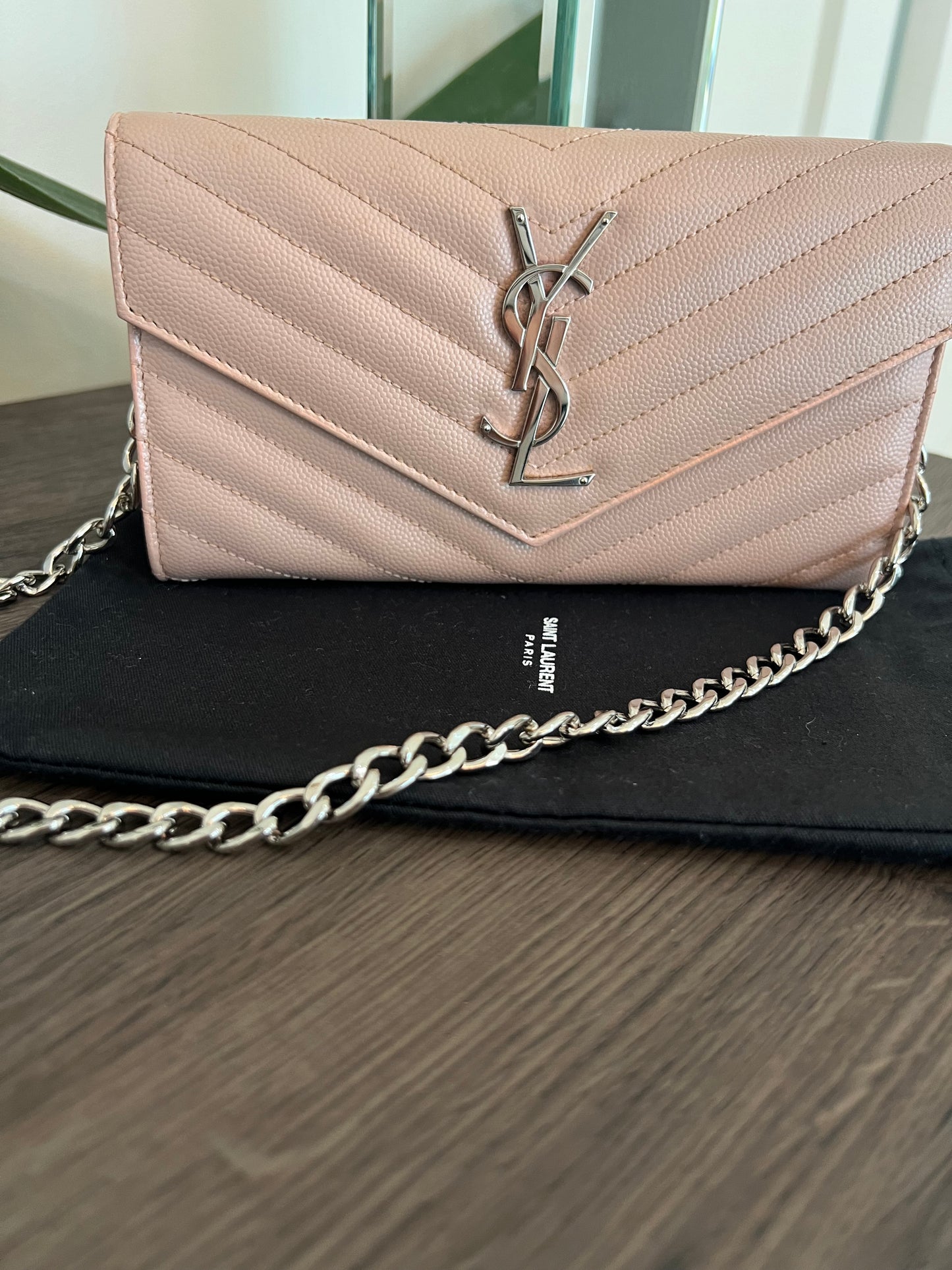 Pink YSL cassandre wallet on chain
