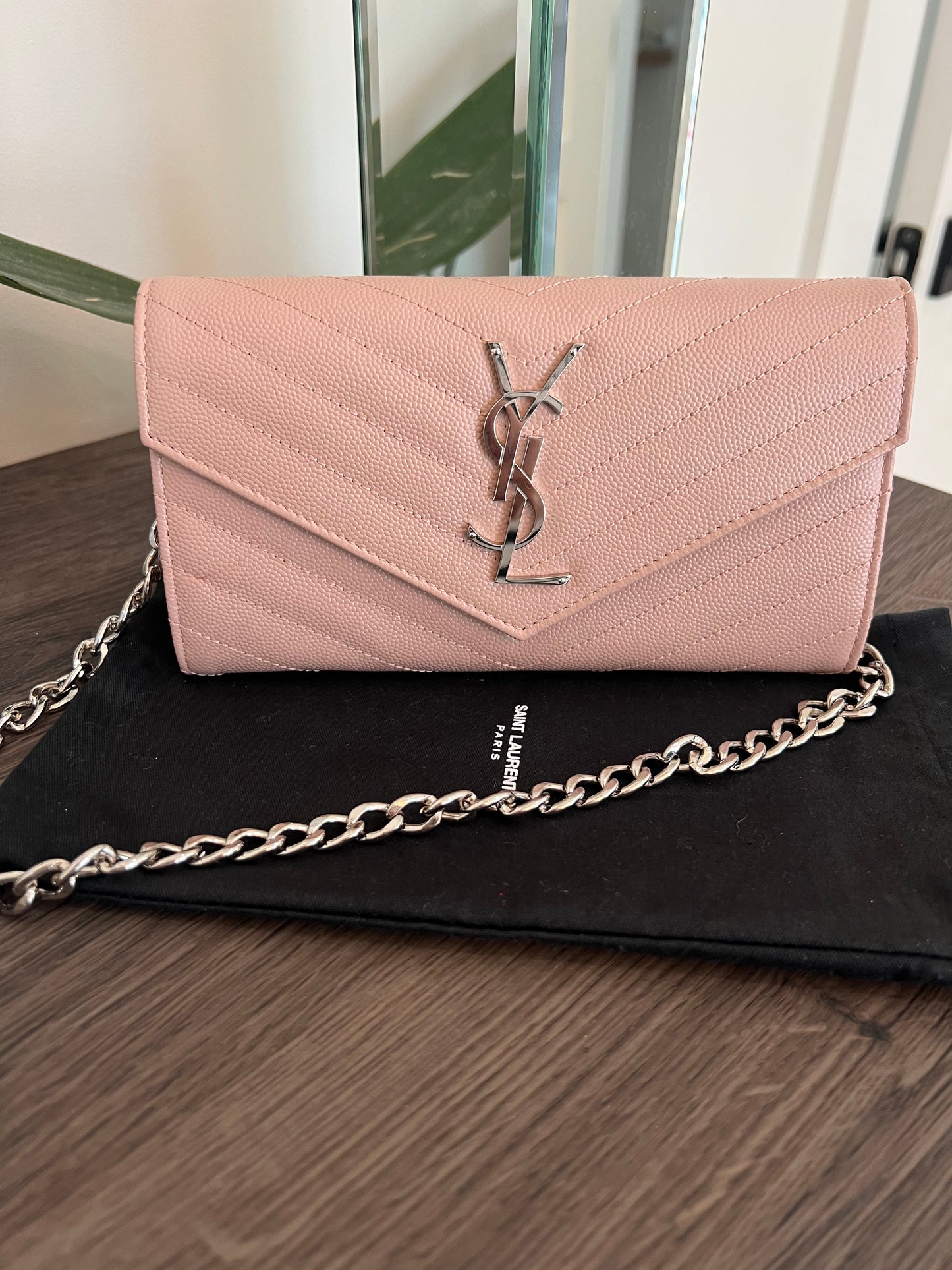 Pink YSL cassandre wallet on chain