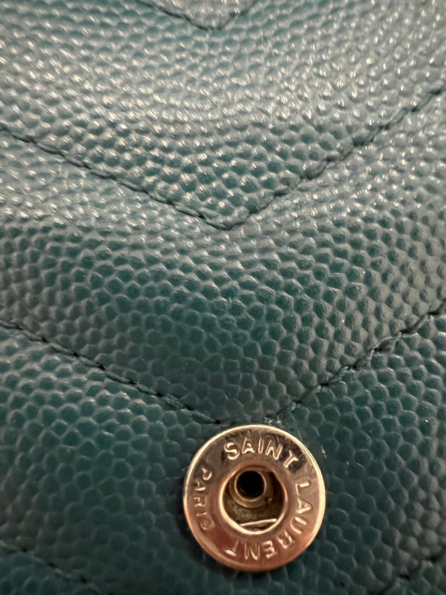 Turquoise YSL cassandre wallet on chain