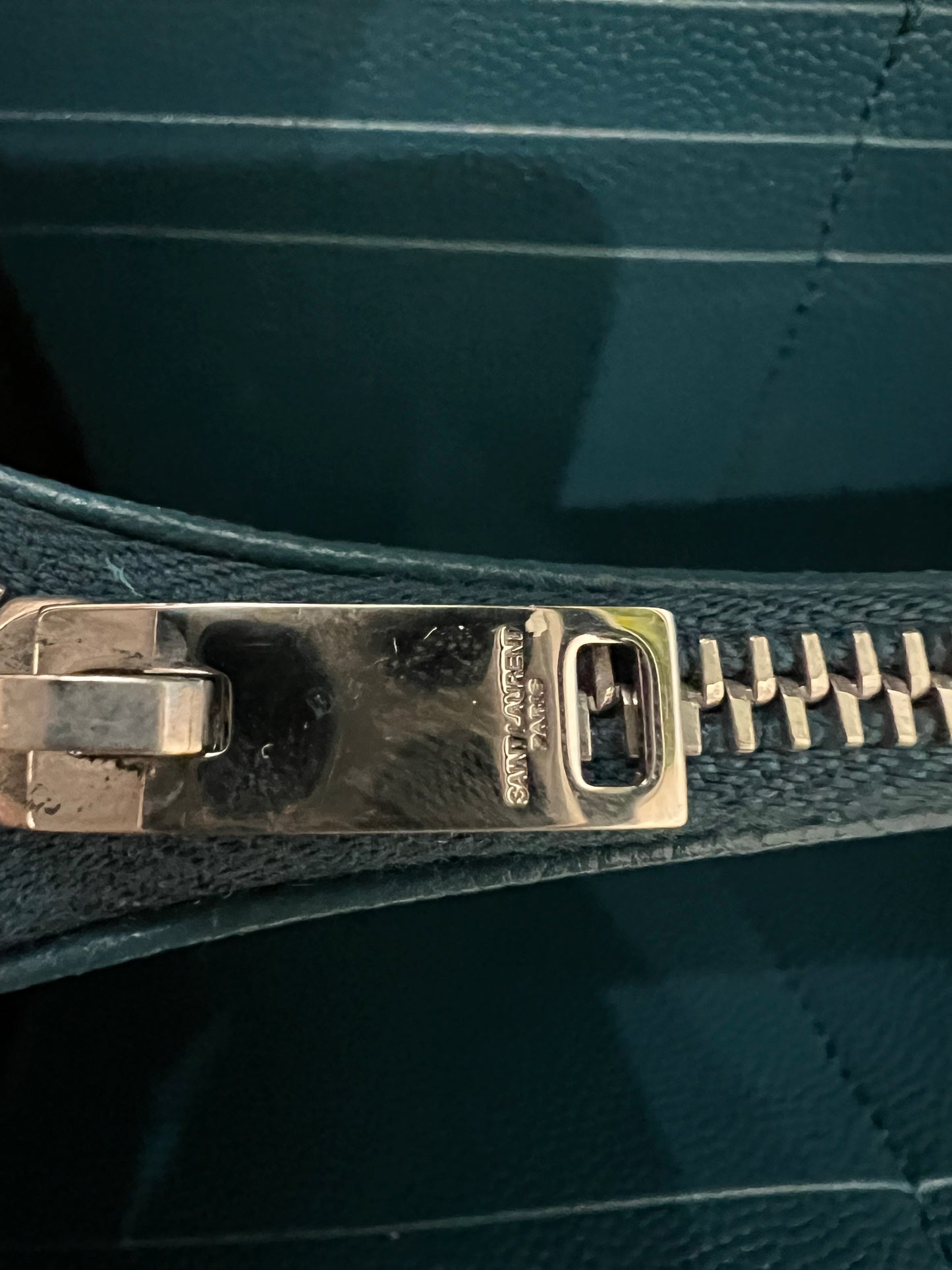 Turquoise YSL cassandre wallet on chain