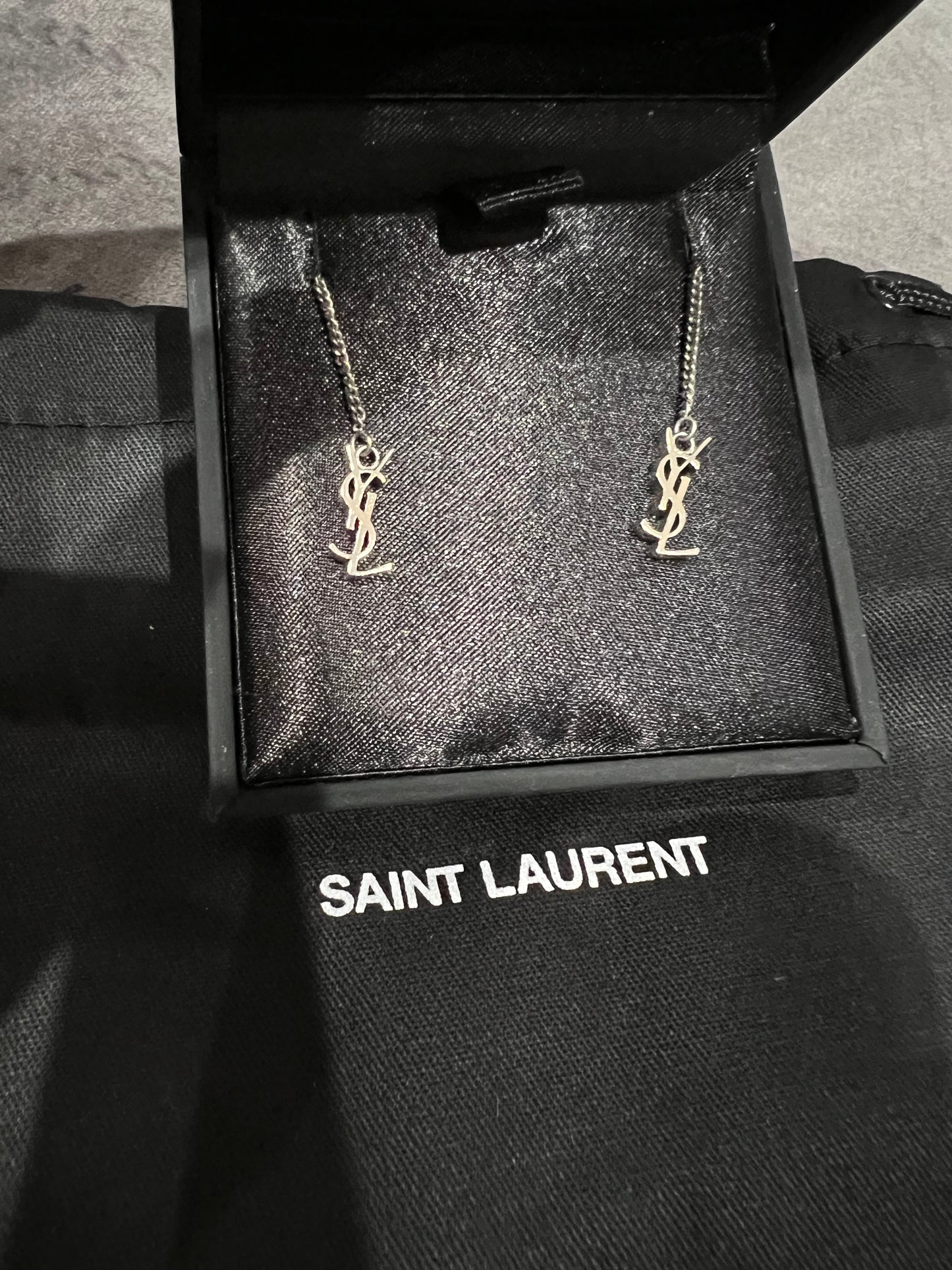 SAINT LAURENT Monogram Threader Earrings Silver