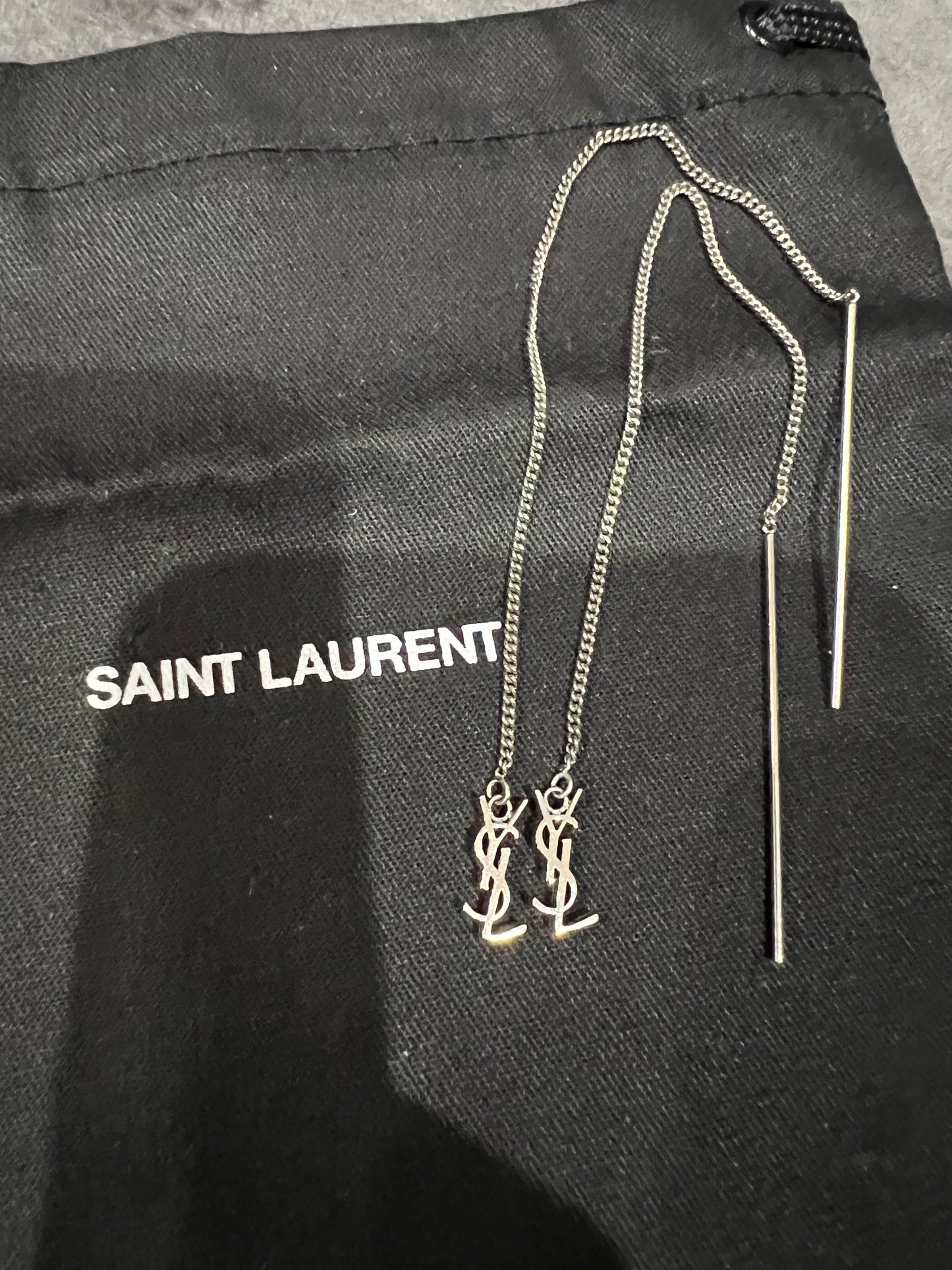 SAINT LAURENT Monogram Threader Earrings Silver