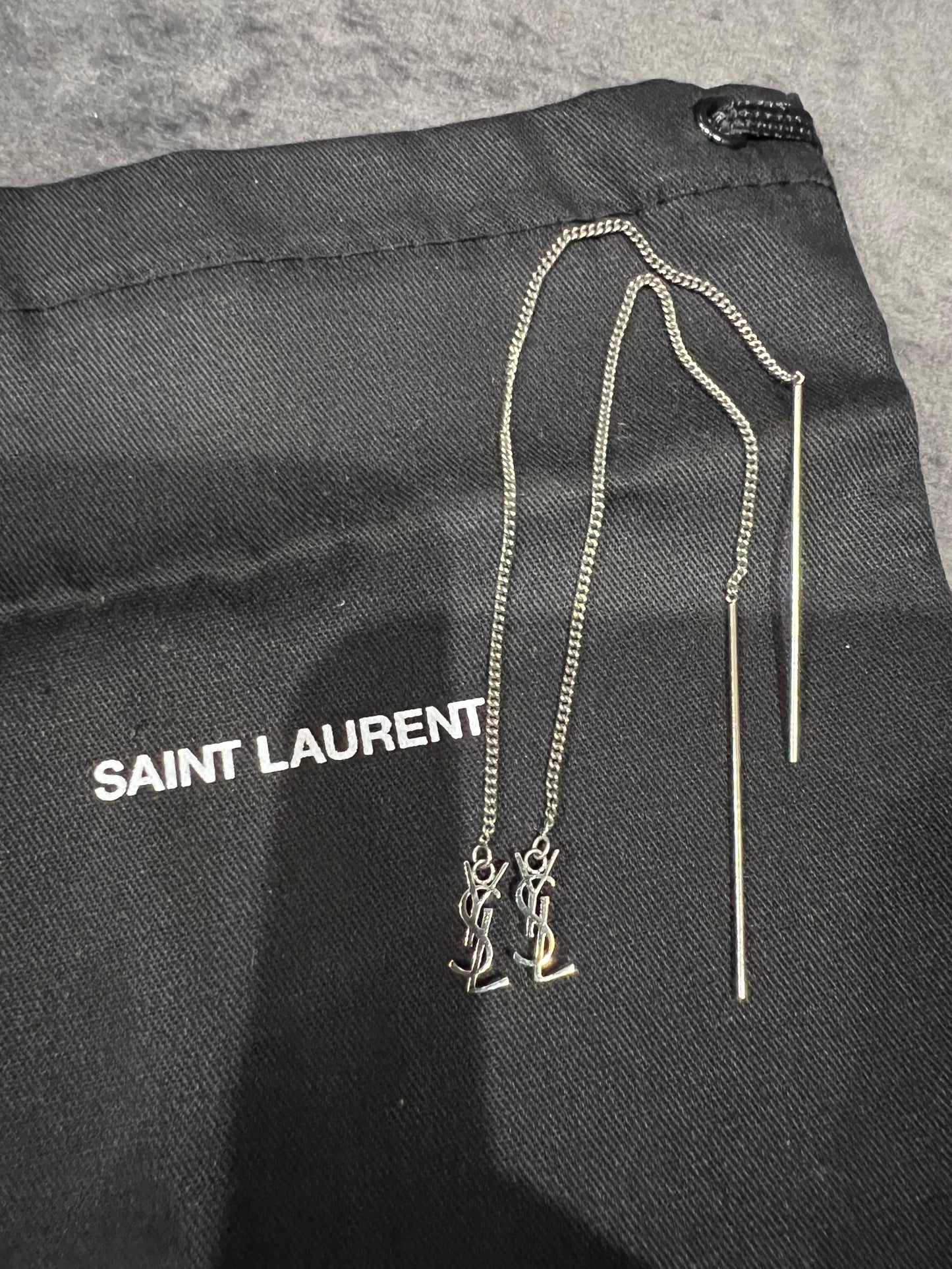 SAINT LAURENT Monogram Threader Earrings Silver