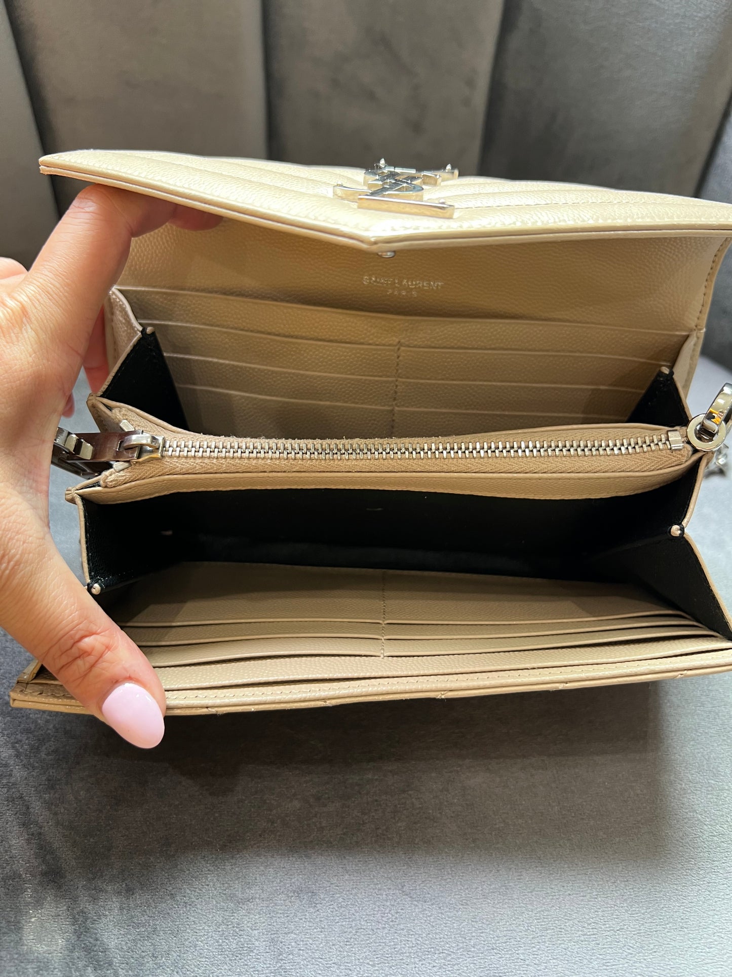 Beige YSL cassandre wallet on chain