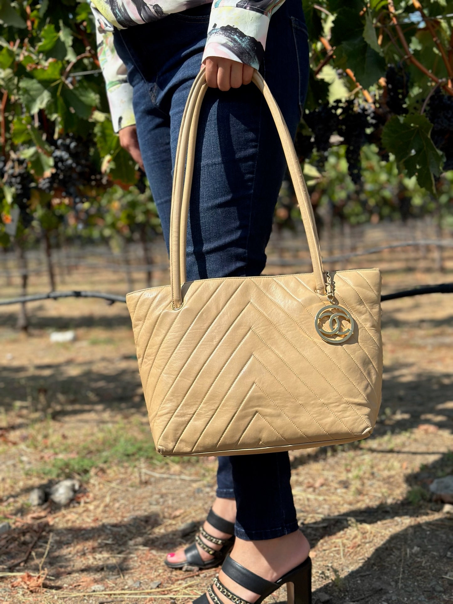 Chanel Chevron Tote in Beige Vintage 24k gold