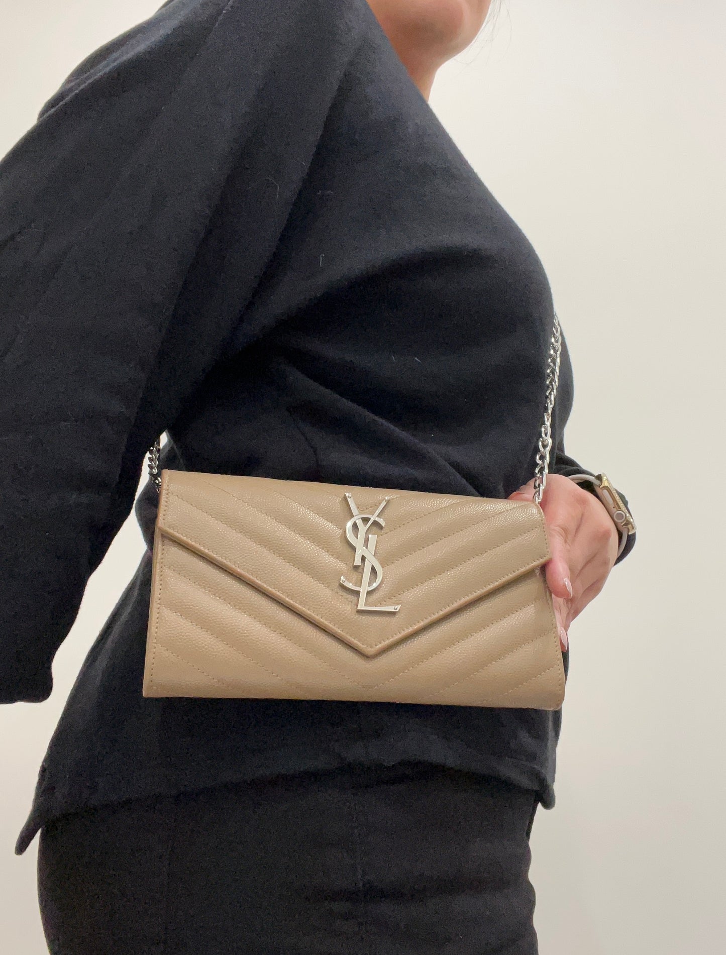 Beige YSL cassandre wallet on chain