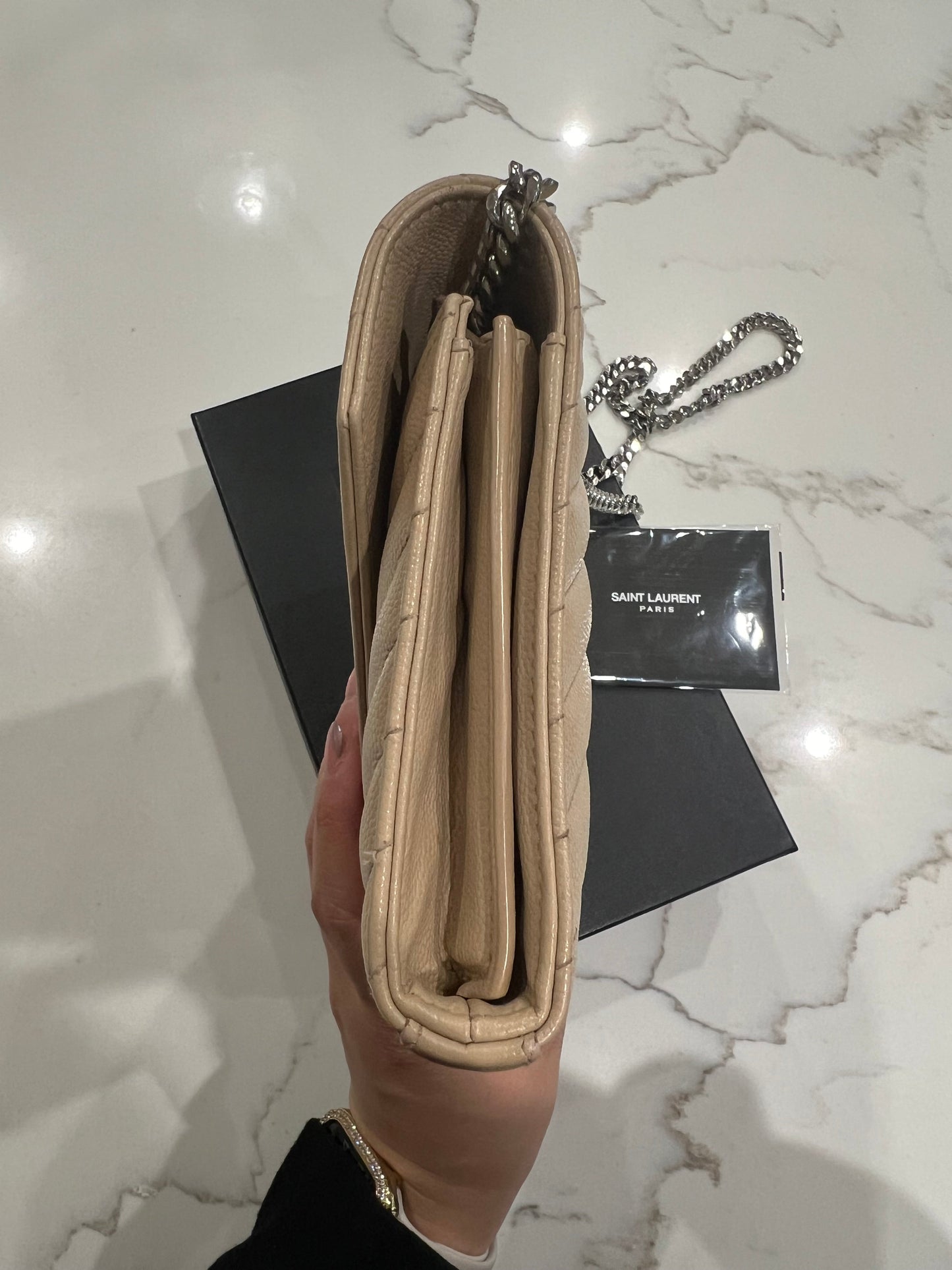 YSL Cassandre envelope flap beige crossbody bag