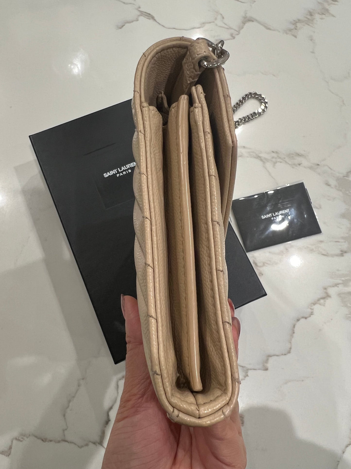 YSL Cassandre envelope flap beige crossbody bag
