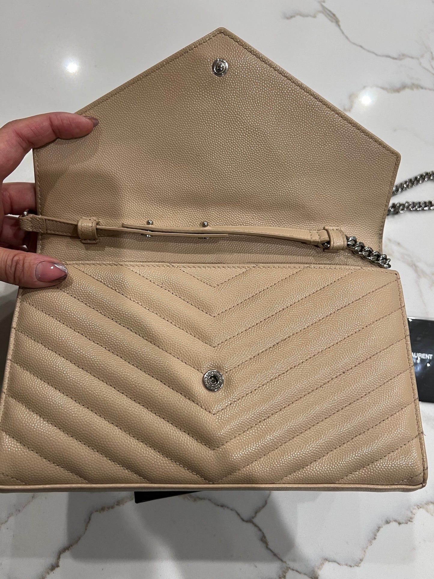 YSL Cassandre envelope flap beige crossbody bag