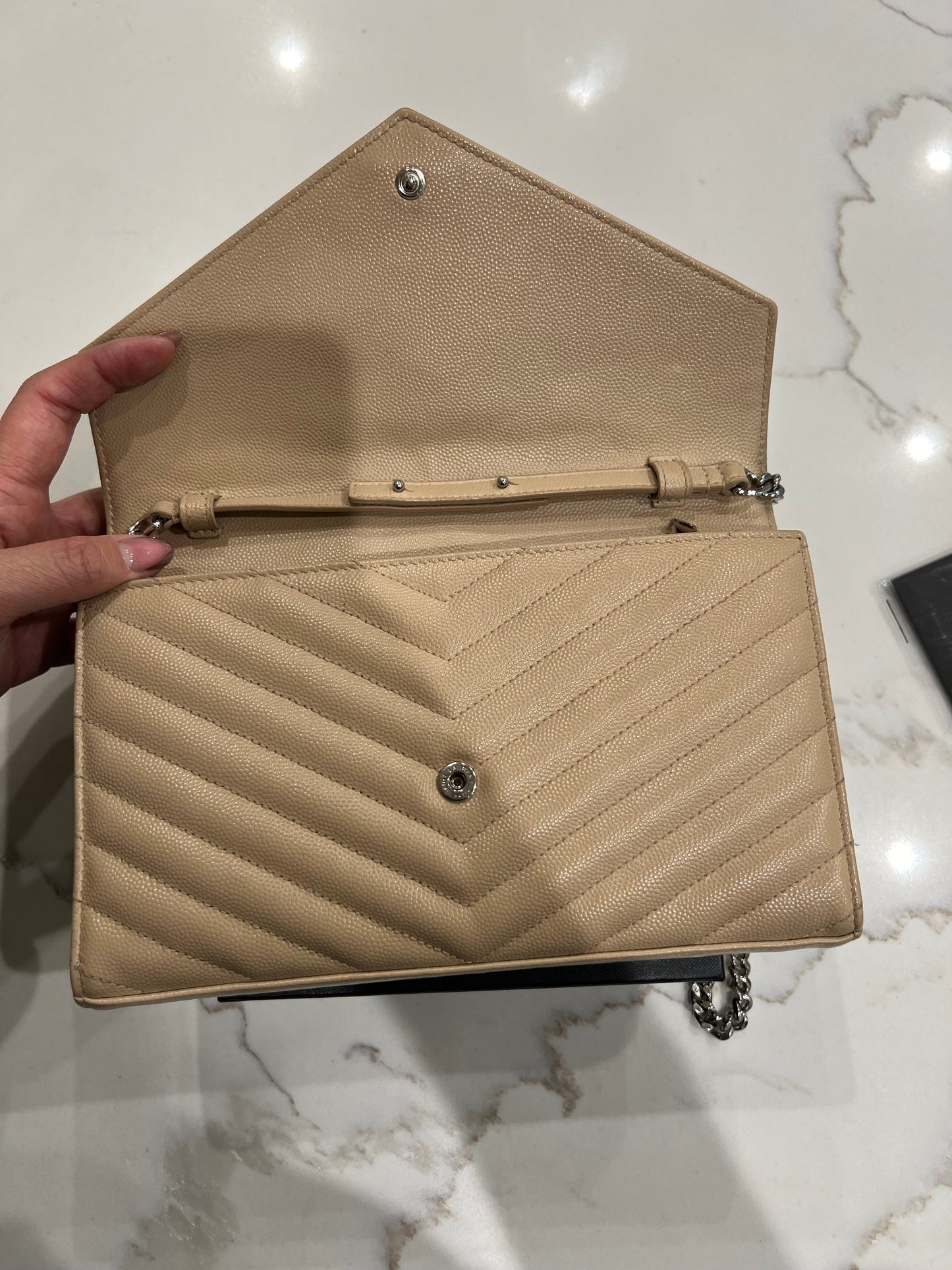 YSL Cassandre envelope flap beige crossbody bag