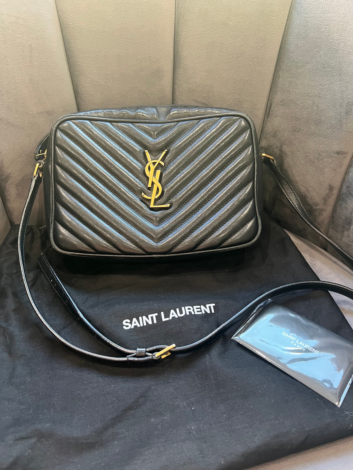 YSL camera bag quilted with gold hardware