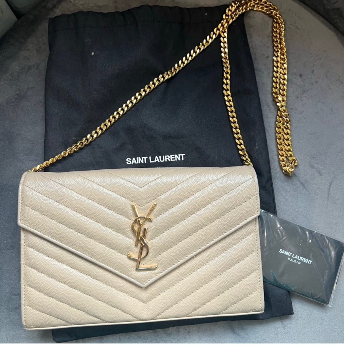 YSL cassandre flap large wallet on chain beige