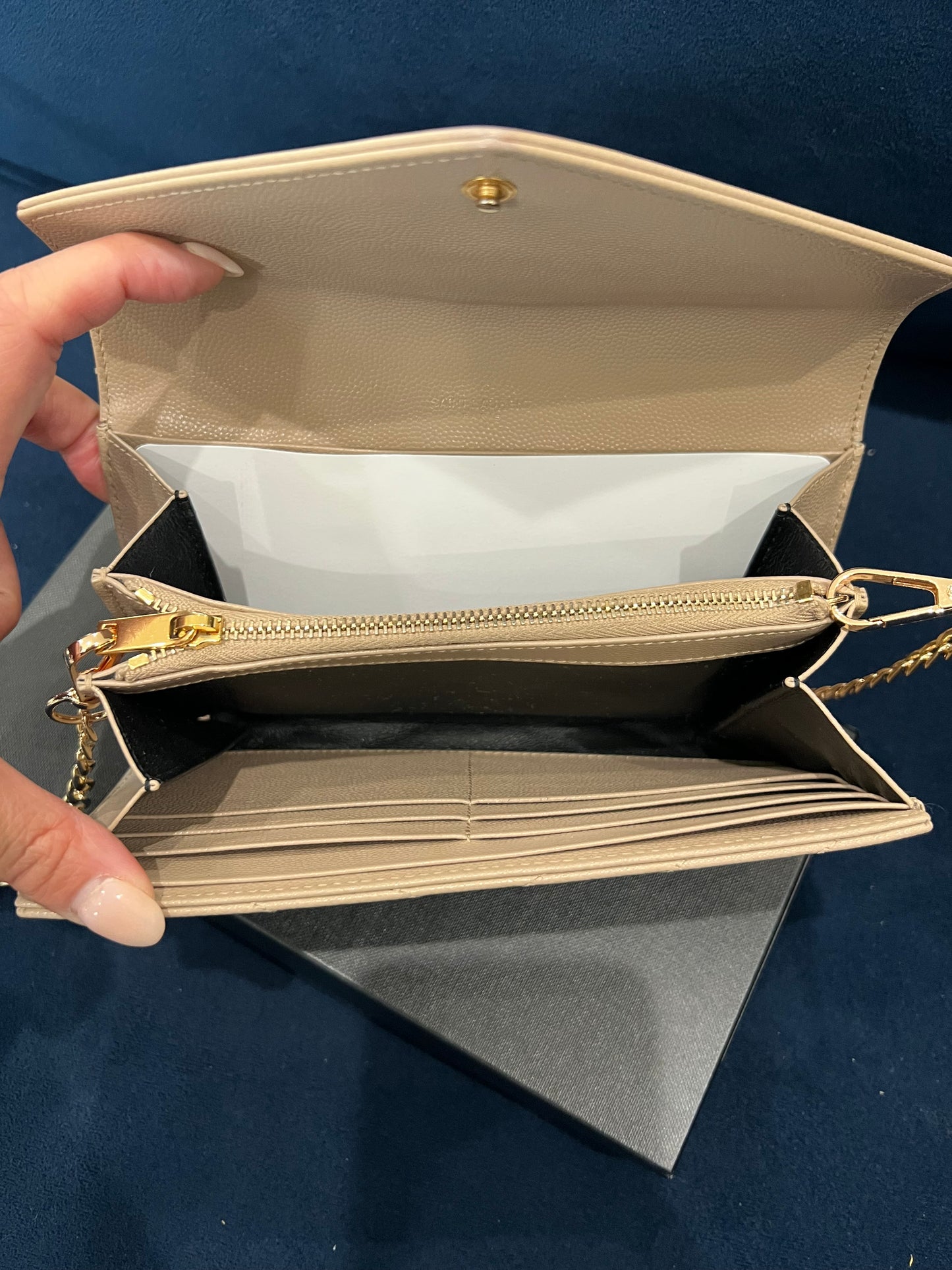 Beige YSL cassandre wallet on chain