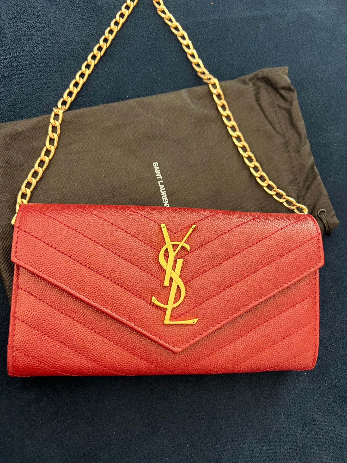 Saint Laurent Cassandre envelope flap red wallet on chain