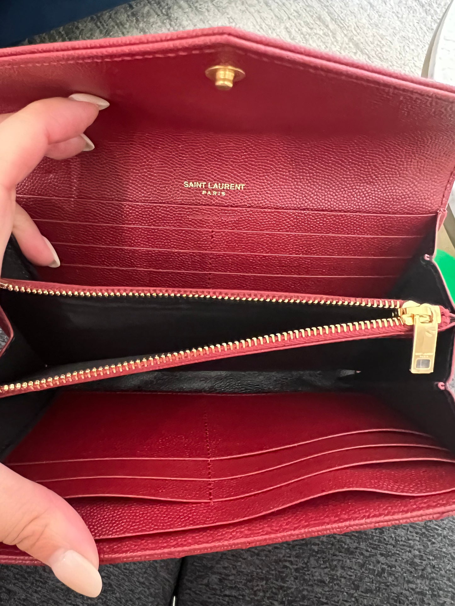 Saint Laurent Cassandre envelope flap red wallet on chain