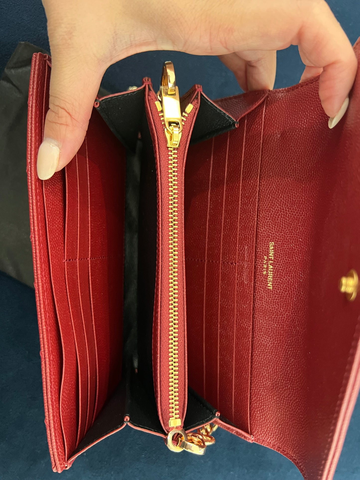 Saint Laurent Cassandre envelope flap red wallet on chain