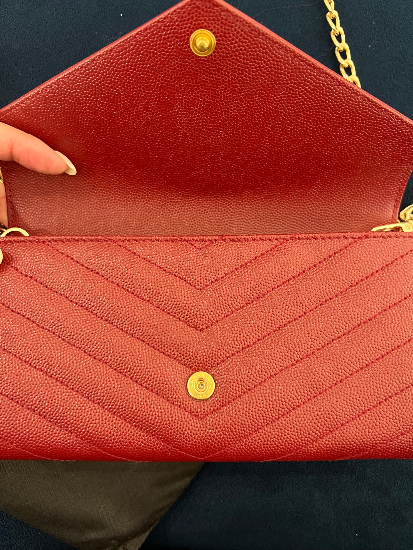 Saint Laurent Cassandre envelope flap red wallet on chain