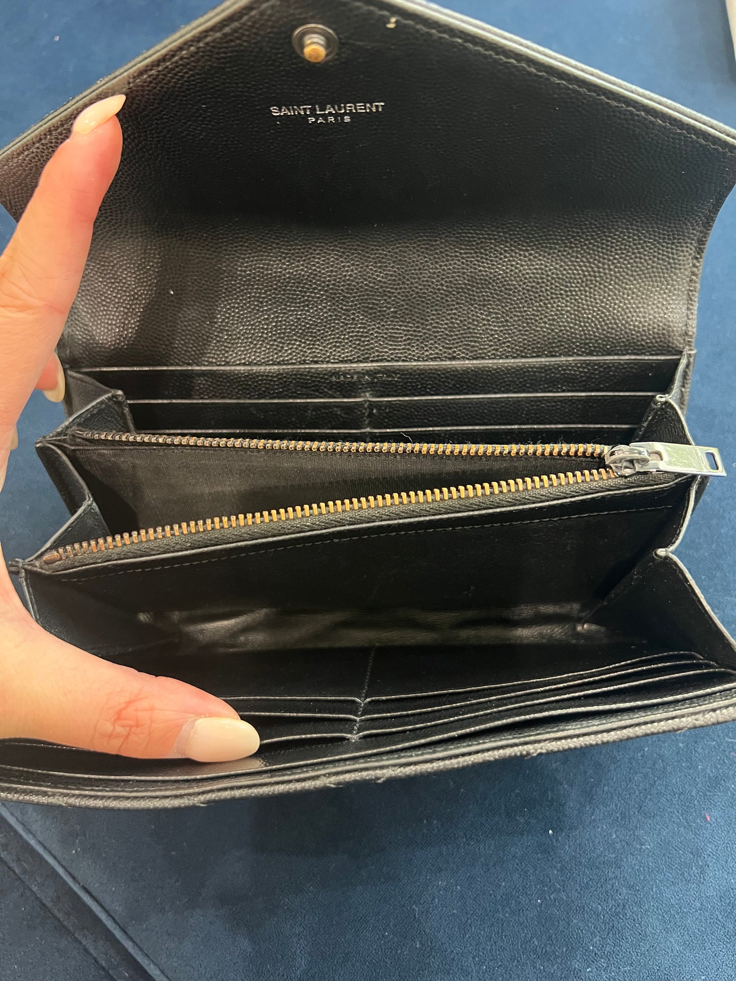 YSL Cassandre all black envelope flap wallet on chain