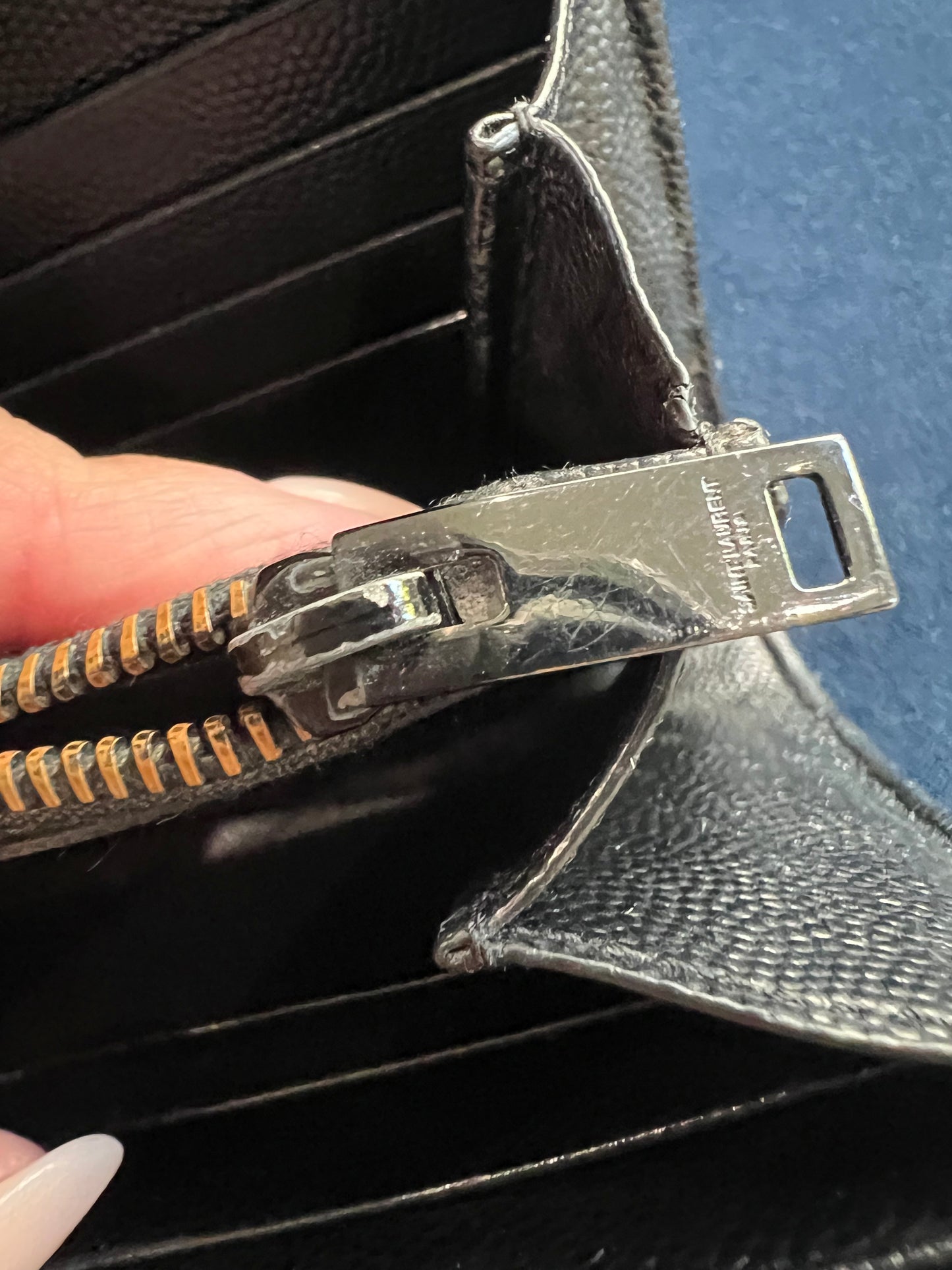 YSL Cassandre all black envelope flap wallet on chain