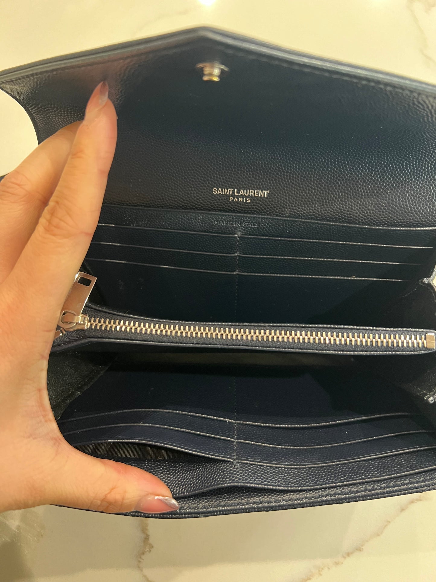Saint Laurent cassandre envelope flap wallet on chain Navy