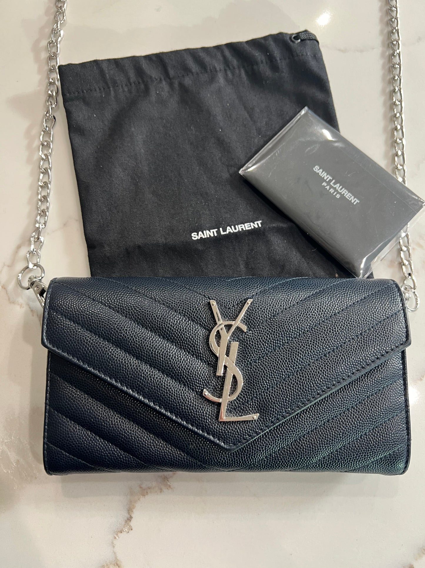 Saint Laurent cassandre envelope flap wallet on chain Navy