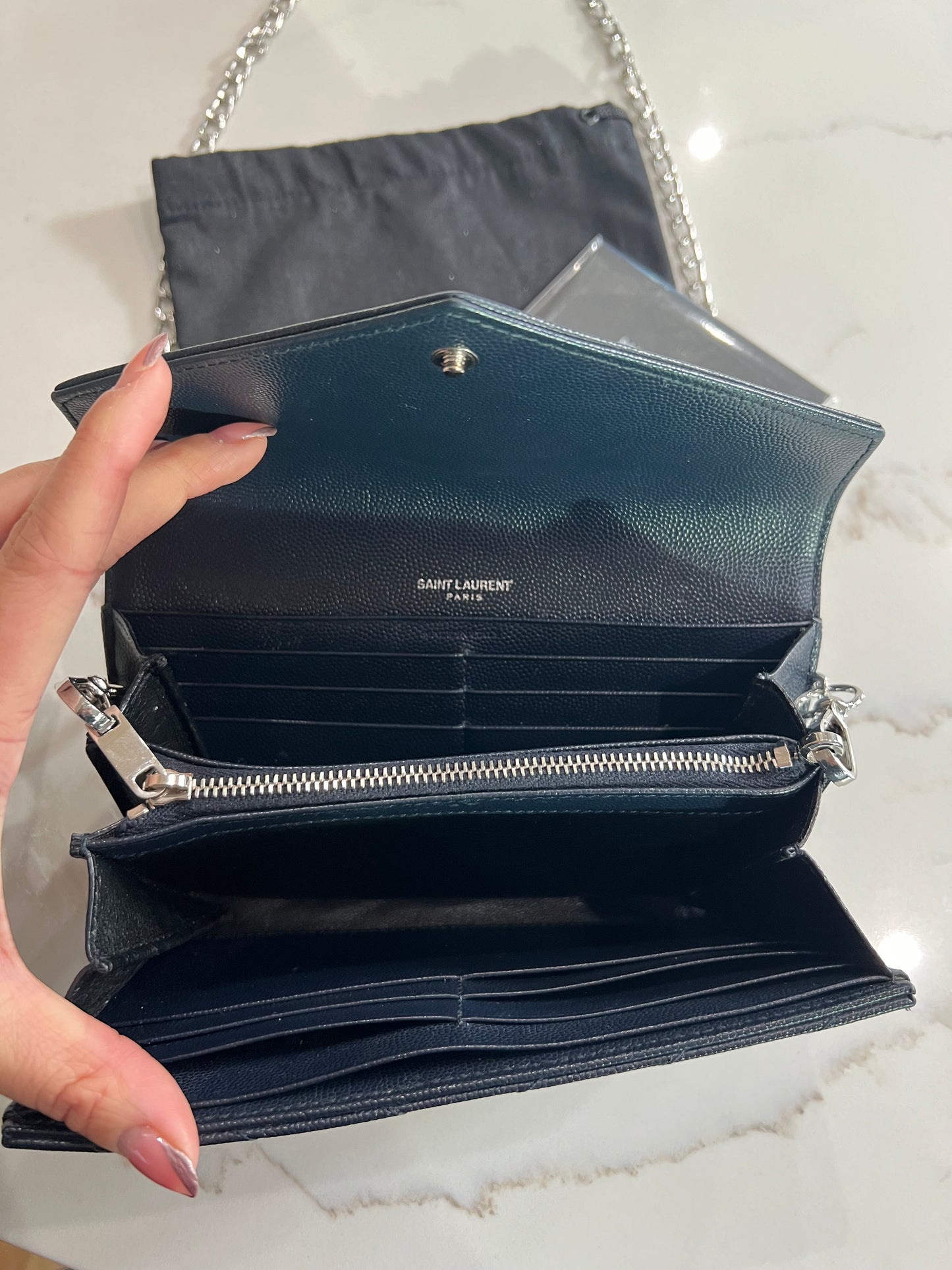 Saint Laurent cassandre envelope flap wallet on chain Navy