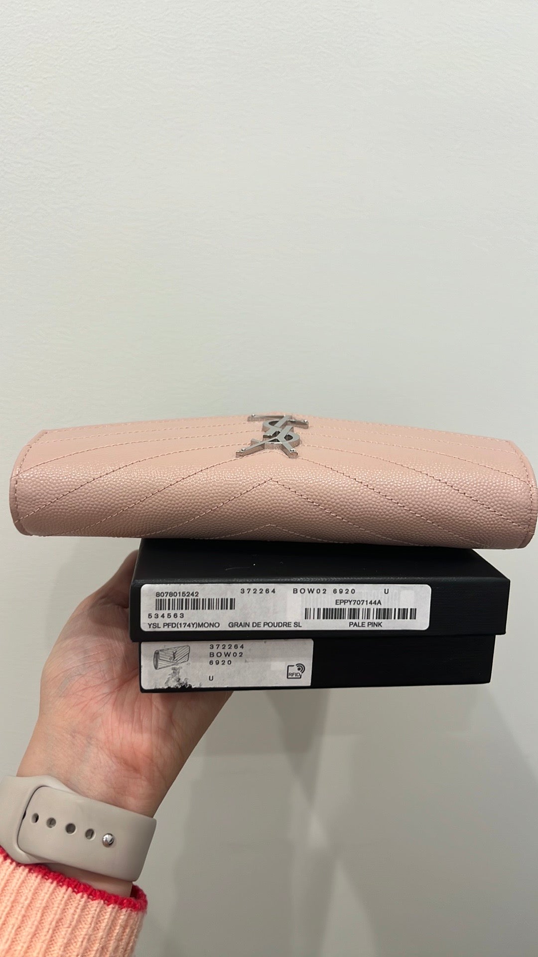 Pink YSL cassandre wallet on chain