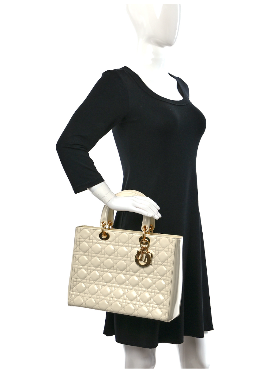 CHRISTIAN DIOR Patent Cannage Large Lady Dior Ivory