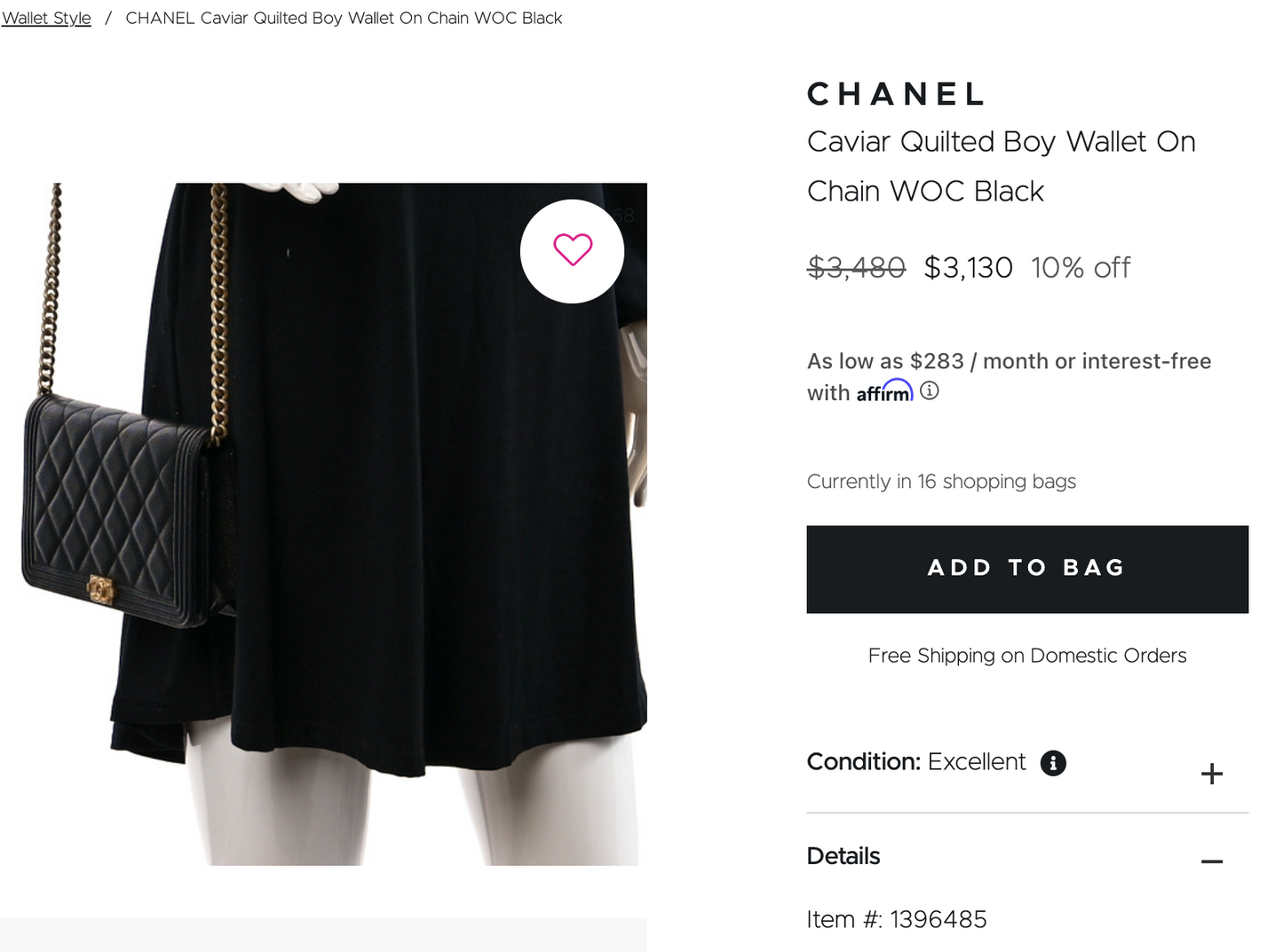 Chanel Caviar Quilted Boy Wallet On Chain WOC Black