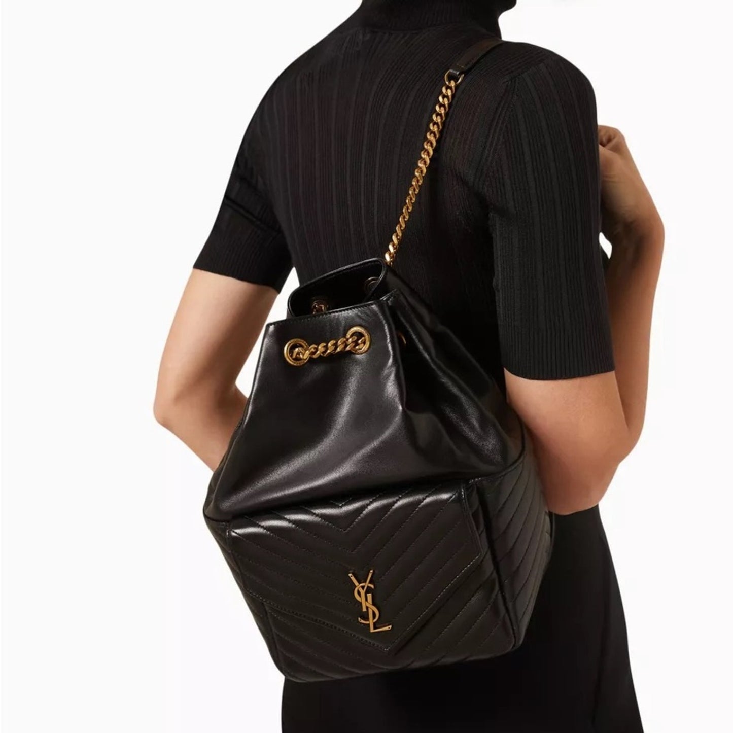 Yves Saint Laurent Joe Black Leather Backpack with Gold Chain