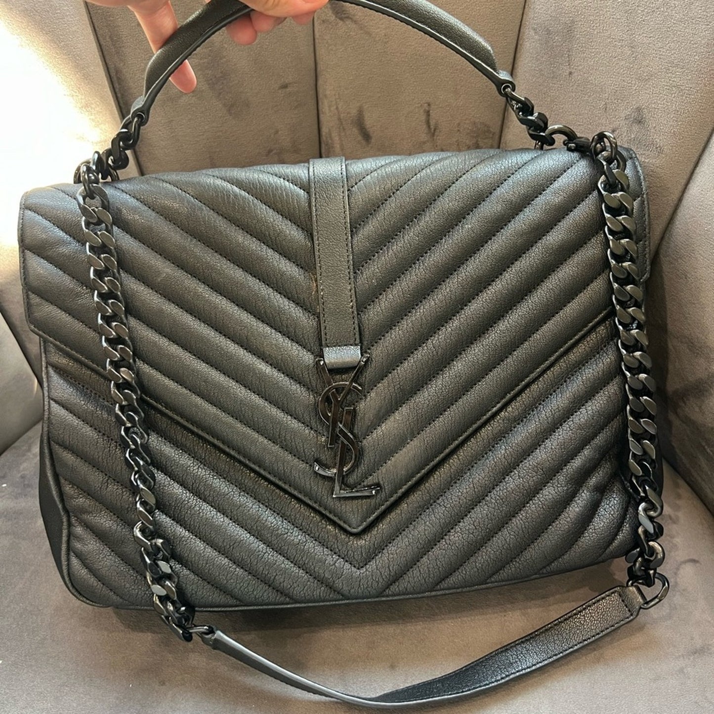 Saint Laurent Matelasse Chevron Monogram Large College Satchel Black