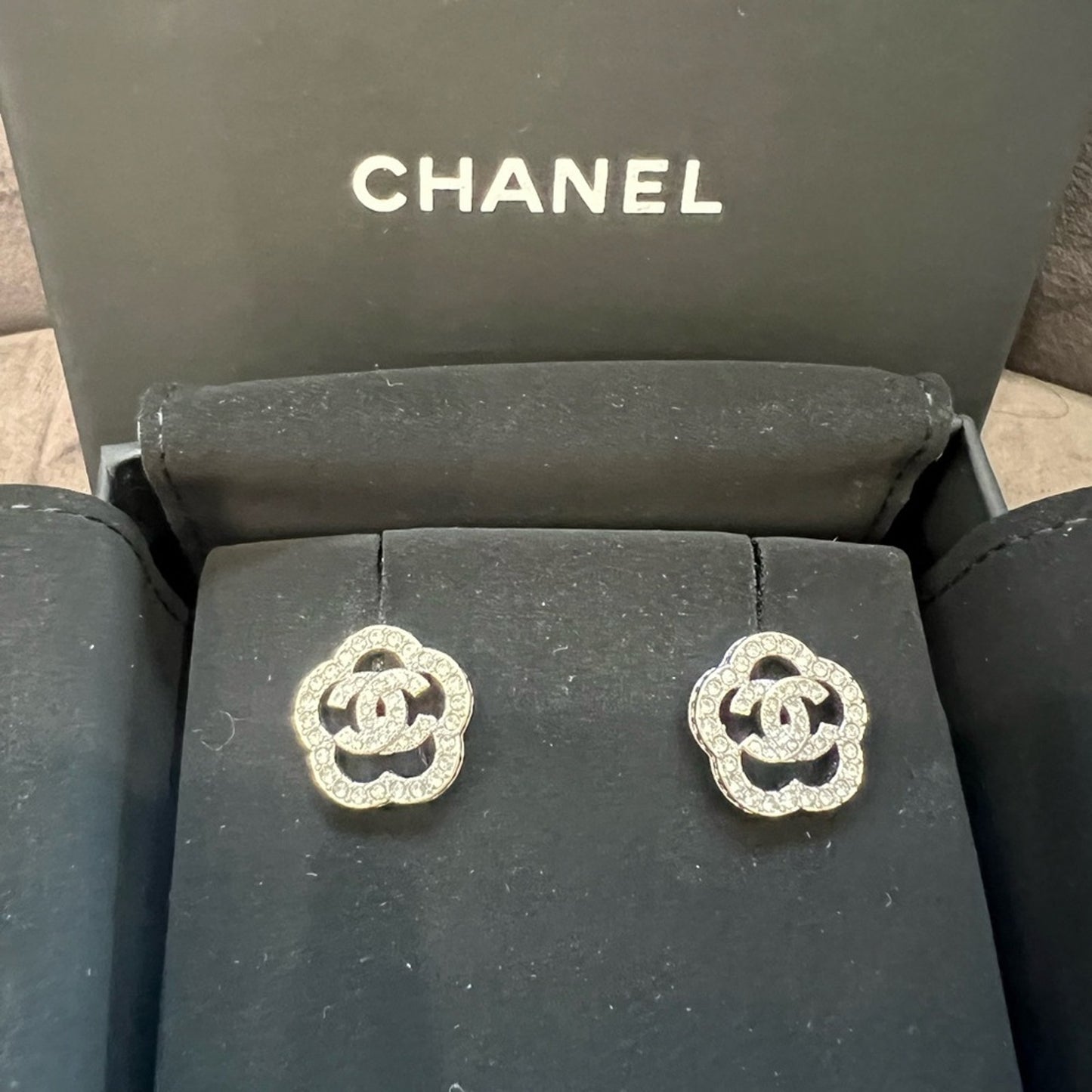 Chanel  Crystal Camellia CC Earrings