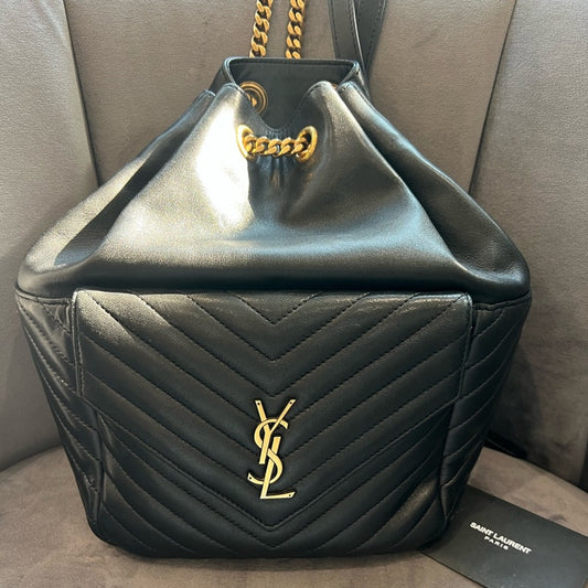 Yves Saint Laurent Joe Black Leather Backpack with Gold Chain