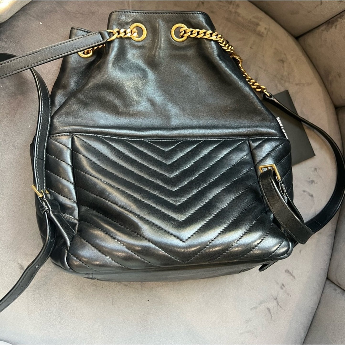 Yves Saint Laurent Joe Black Leather Backpack with Gold Chain