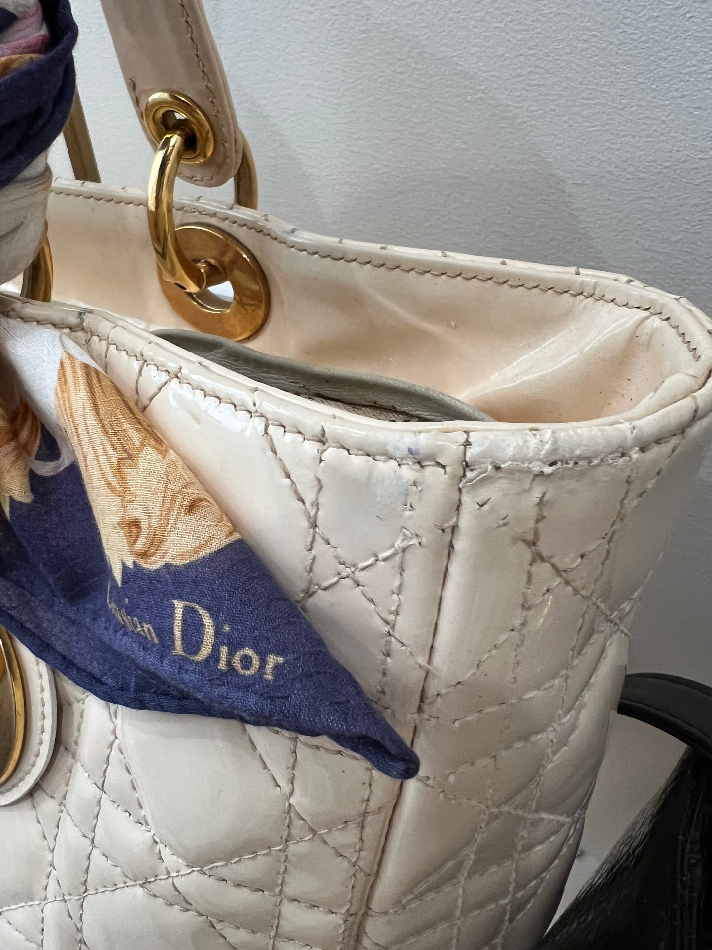 CHRISTIAN DIOR Patent Cannage Large Lady Dior Ivory