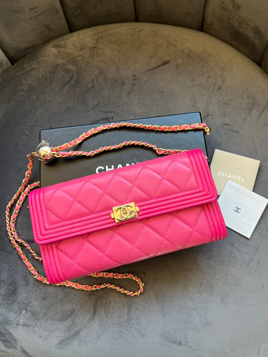 Pink Chanel Boy Gusseted wallet on chain